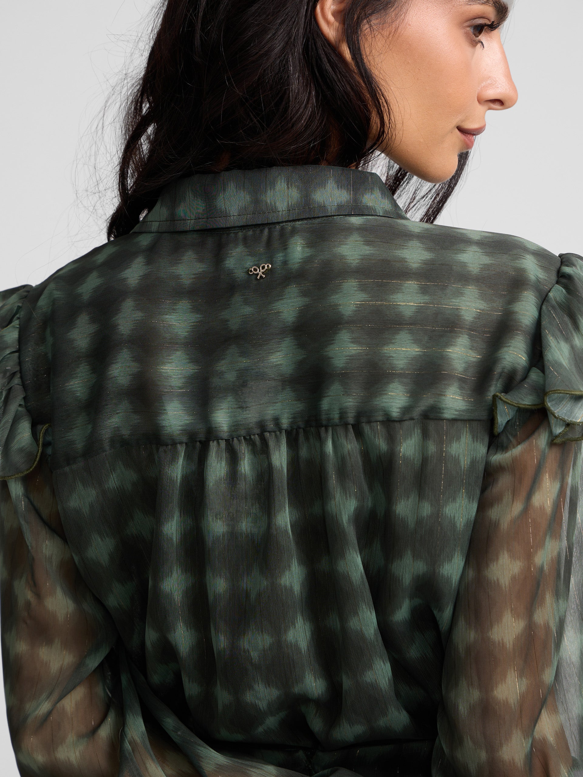 Blouse à volants imprimé ethnique vert