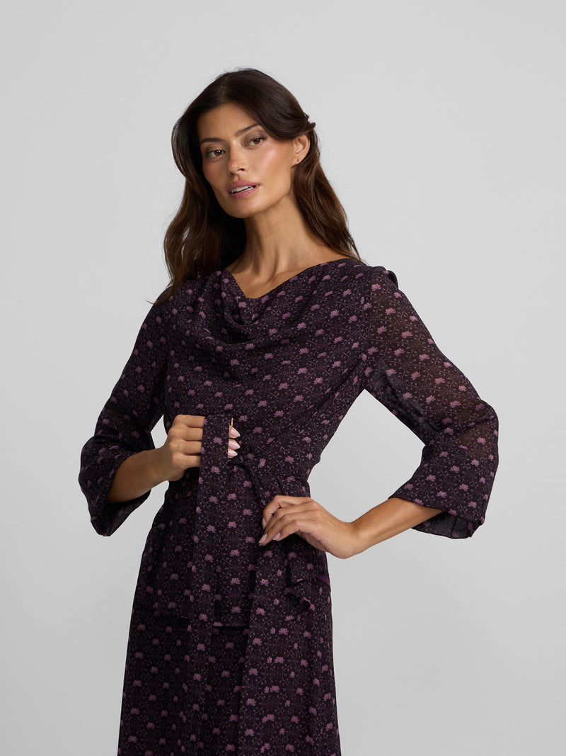 Purple printed tied blouse