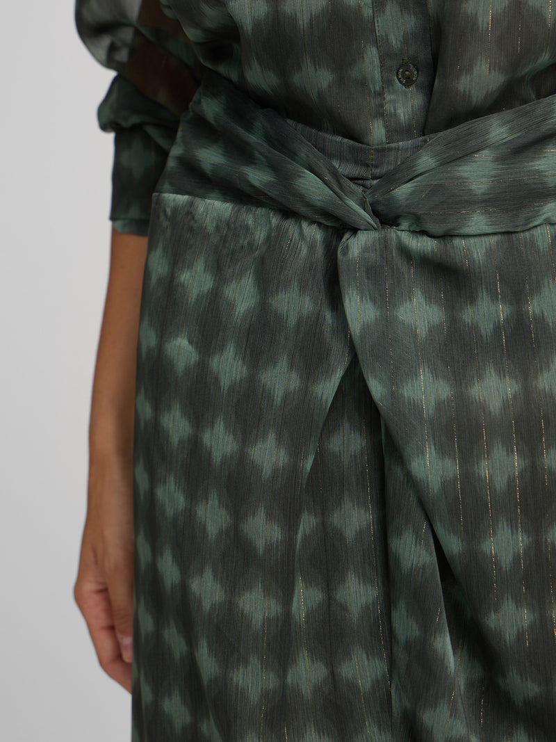 Falda midi nudo estampado etnico verde