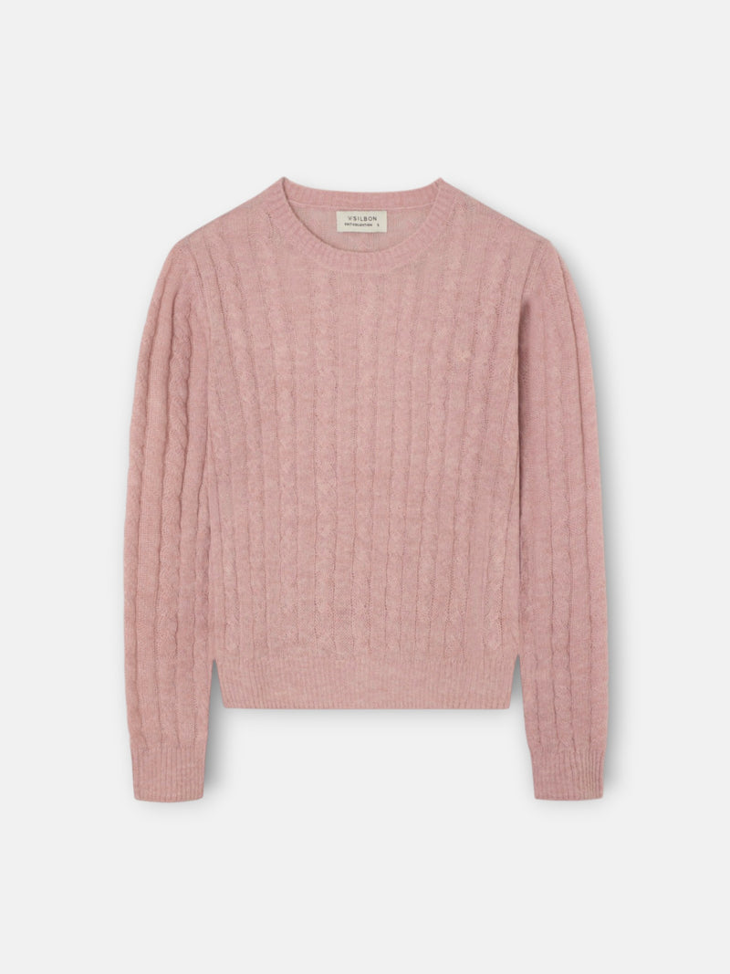 Pull torsadé à col rond rose