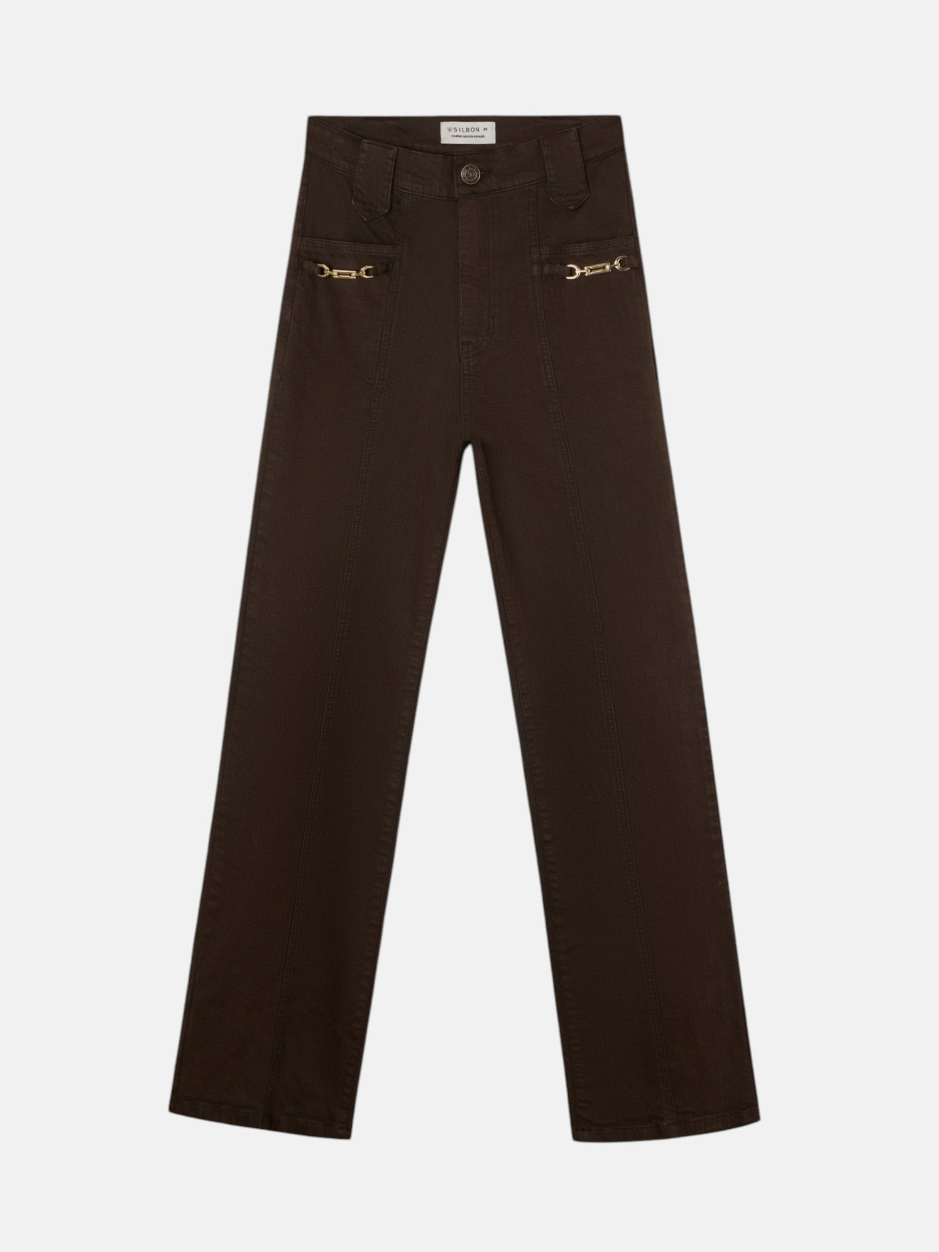 Pantalon en denim droit avec détails de boucles marron