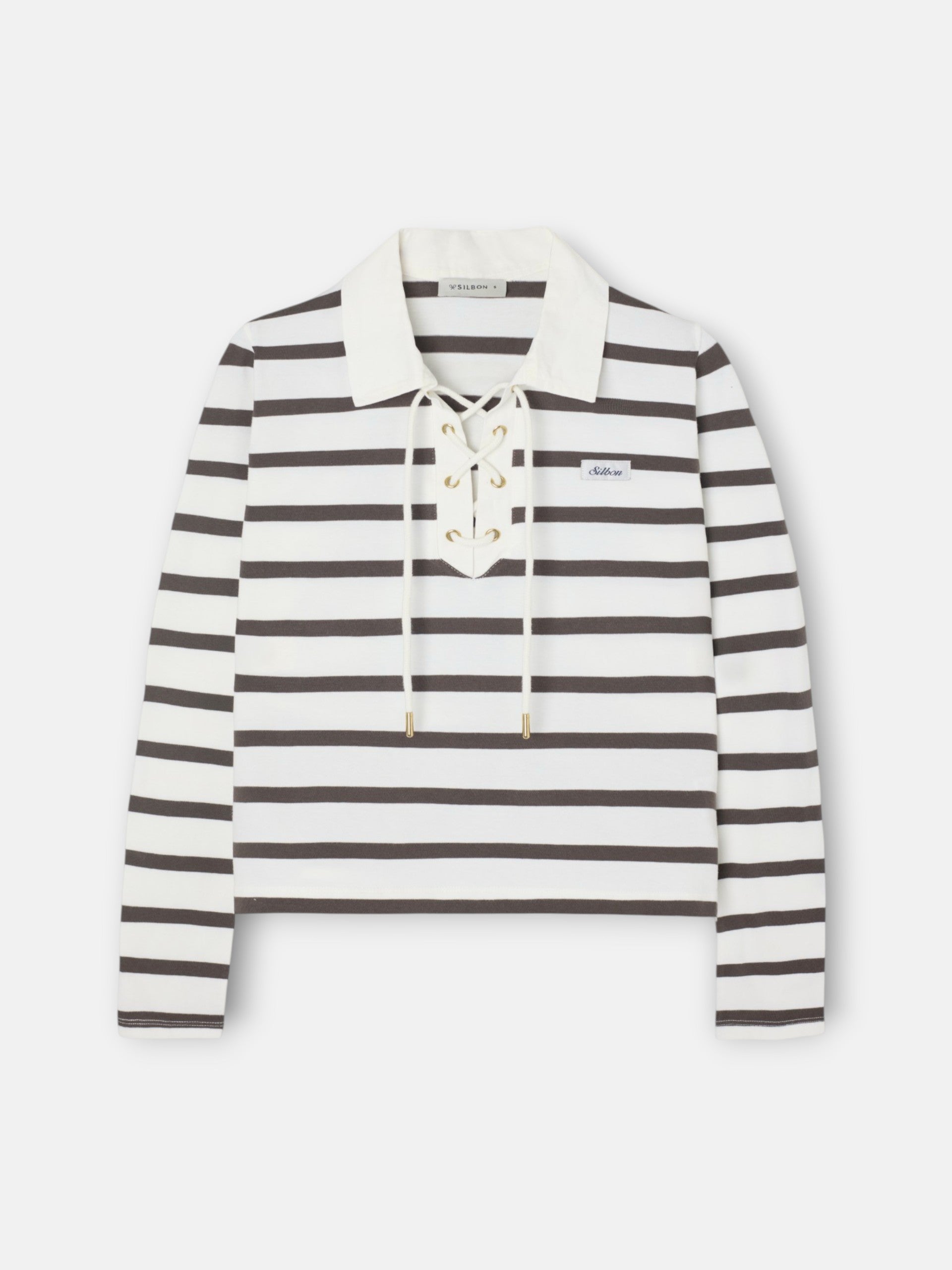 Long-sleeved women's polo shirt with raw stripes