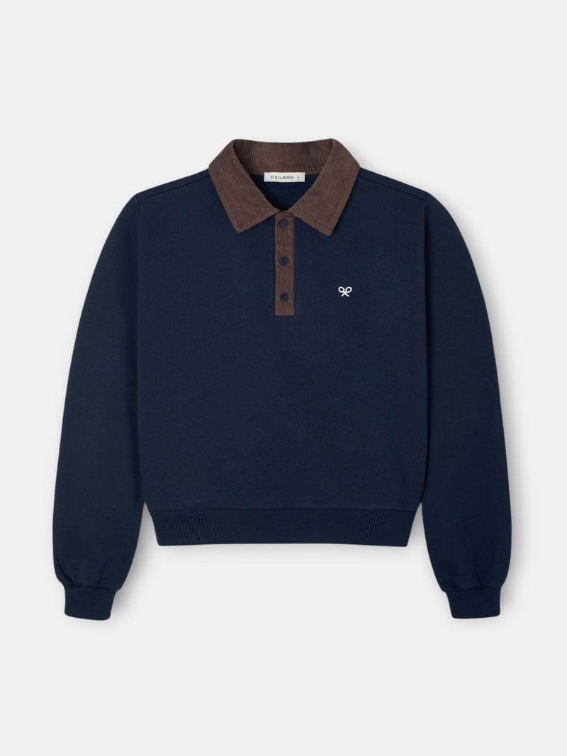 Sweatshirt mulher gola polo bombazina azul-marinho