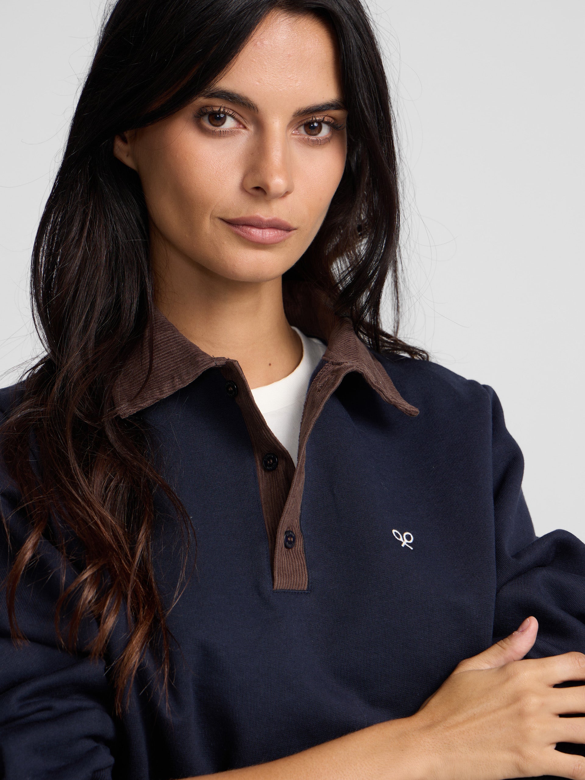 Sweatshirt mulher gola polo bombazina azul-marinho