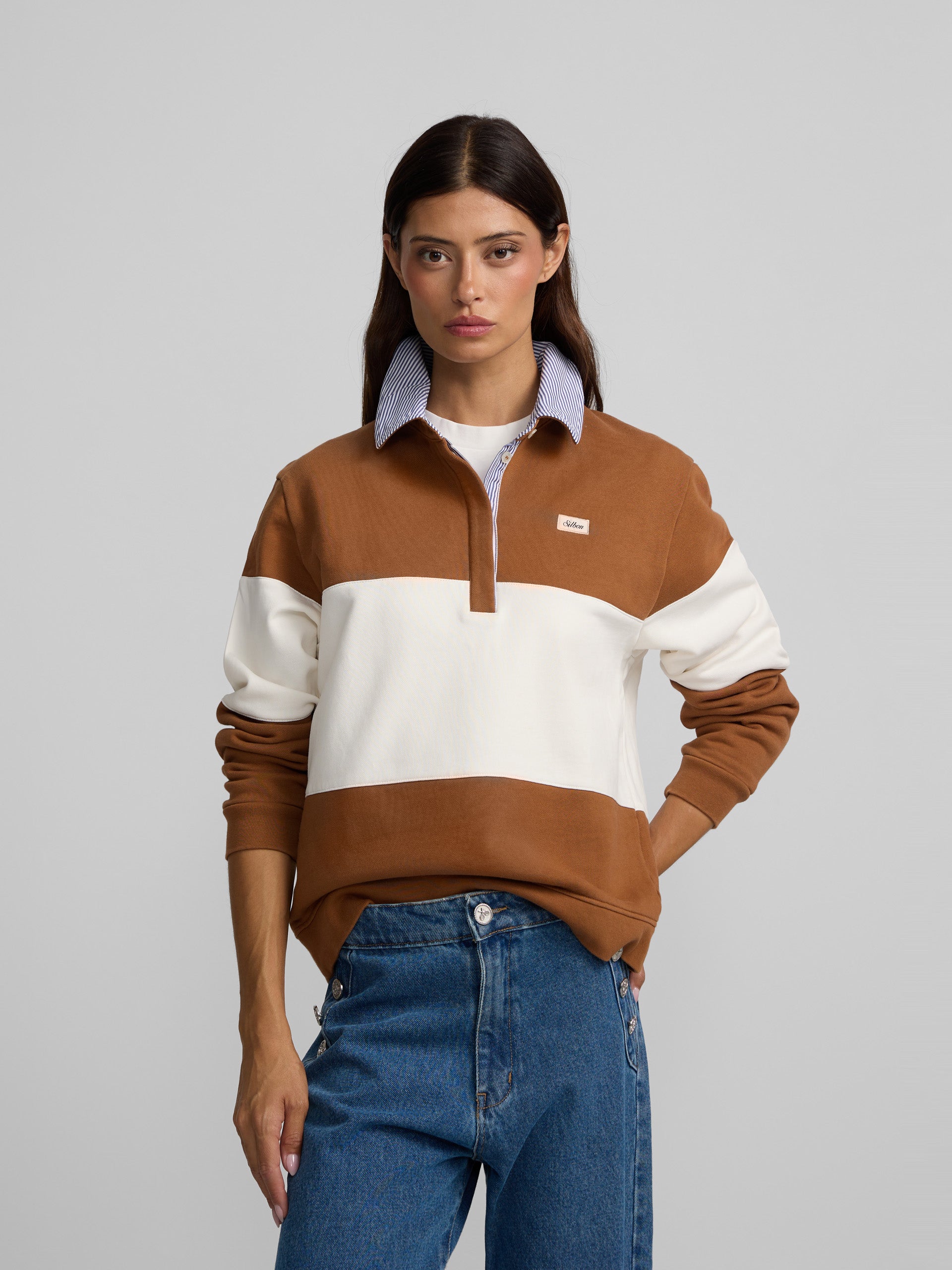 Sweat-shirt femme col polo rayures camel