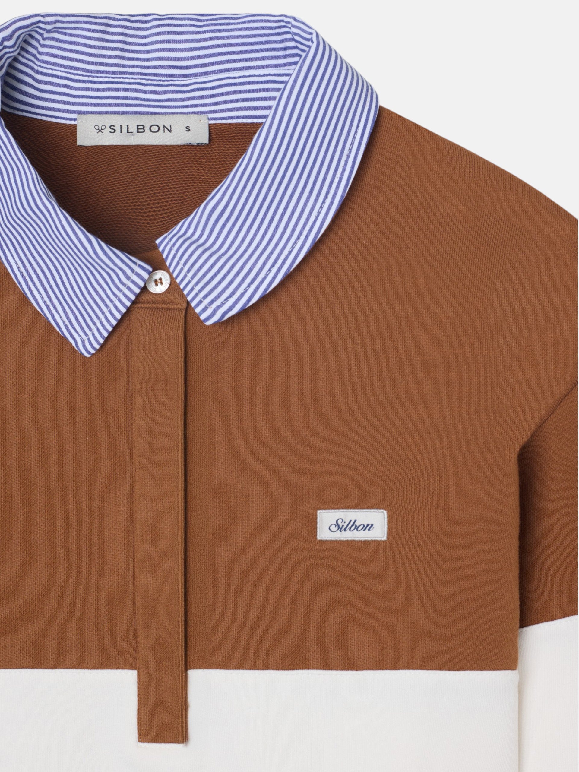 Sweat-shirt femme col polo rayures camel
