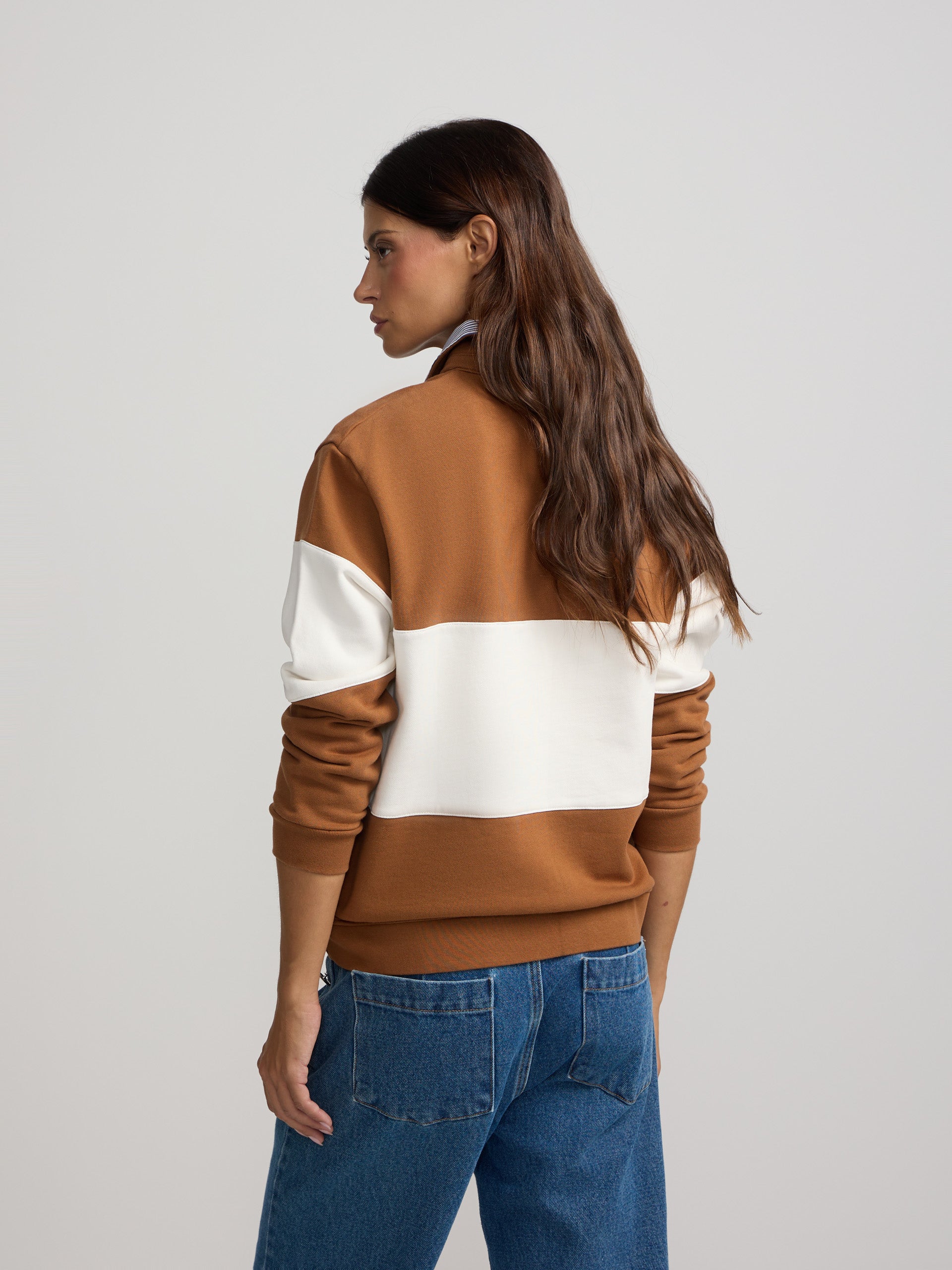 Sweat-shirt femme col polo rayures camel