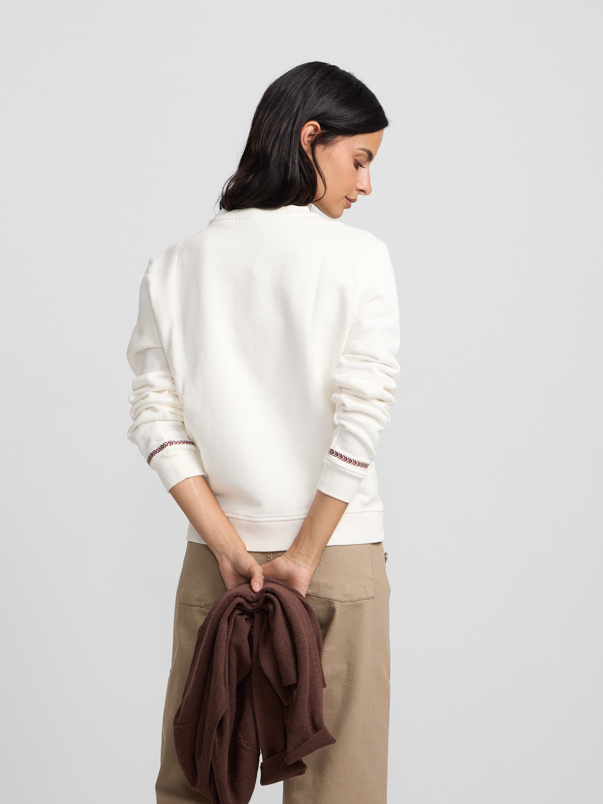 Sweat-shirt femme broderie ethnique écru