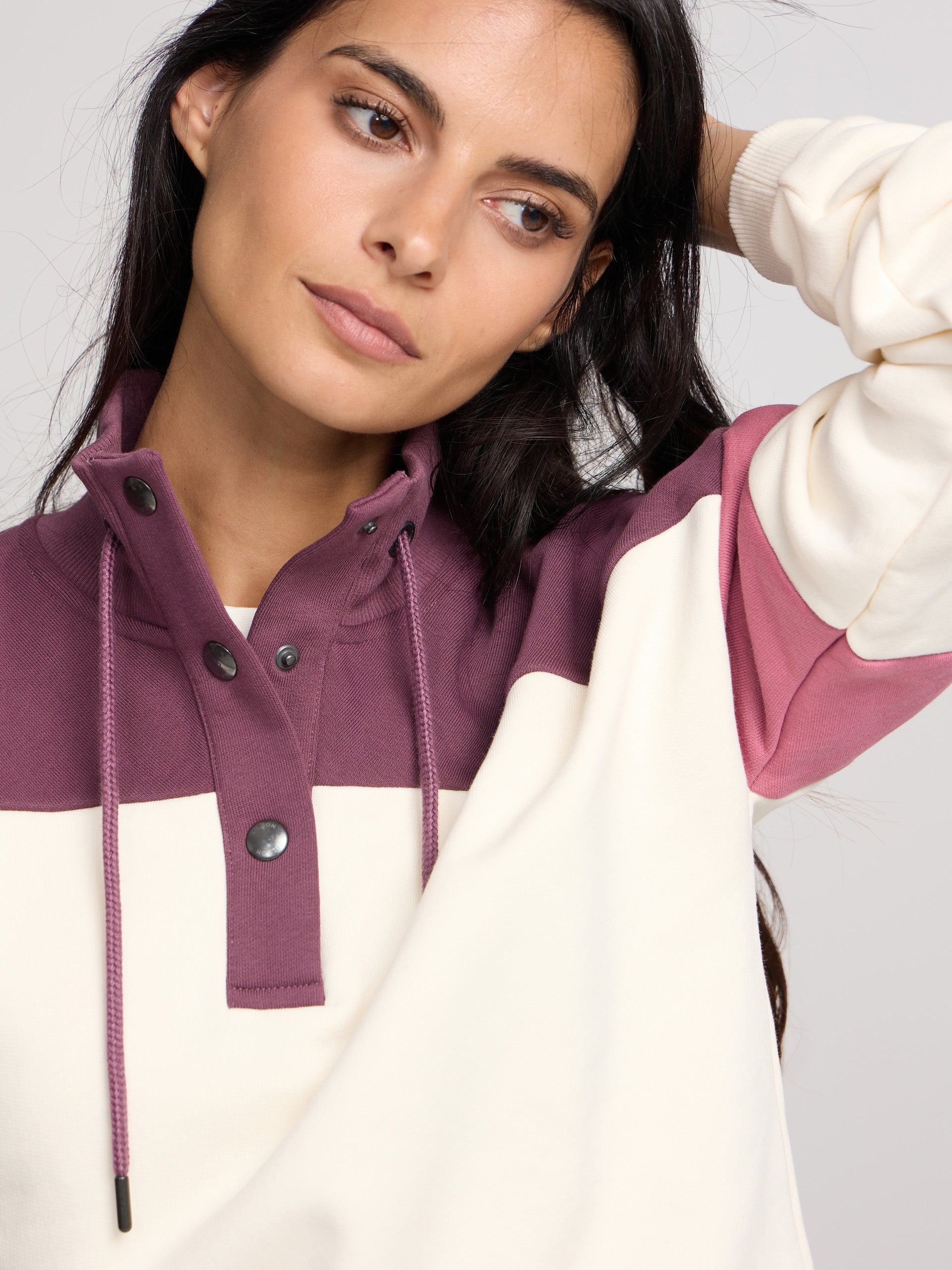 Sweatshirt mulher tricolor gola com botões rosa e cru