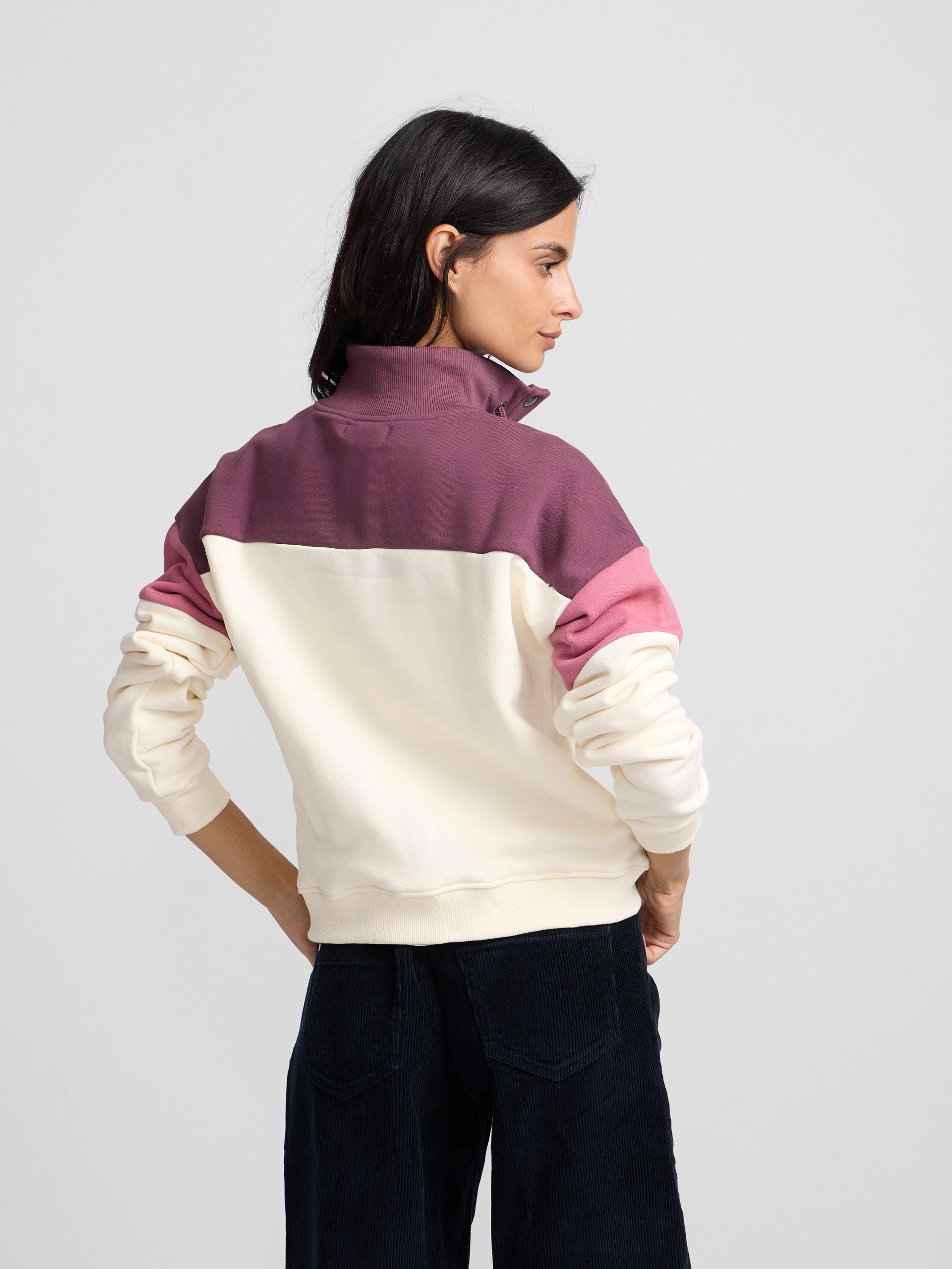 Sweatshirt mulher tricolor gola com botões rosa e cru