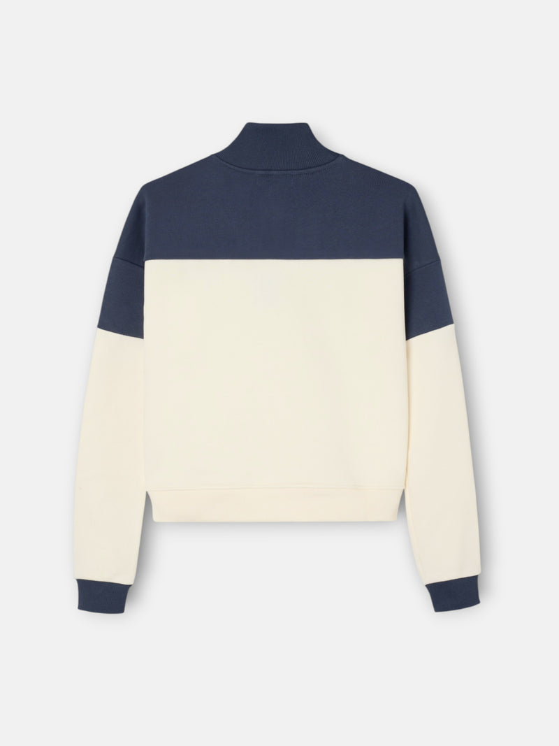 Women's tricolor sweatshirt with buttoned collar in navy blue and off-white