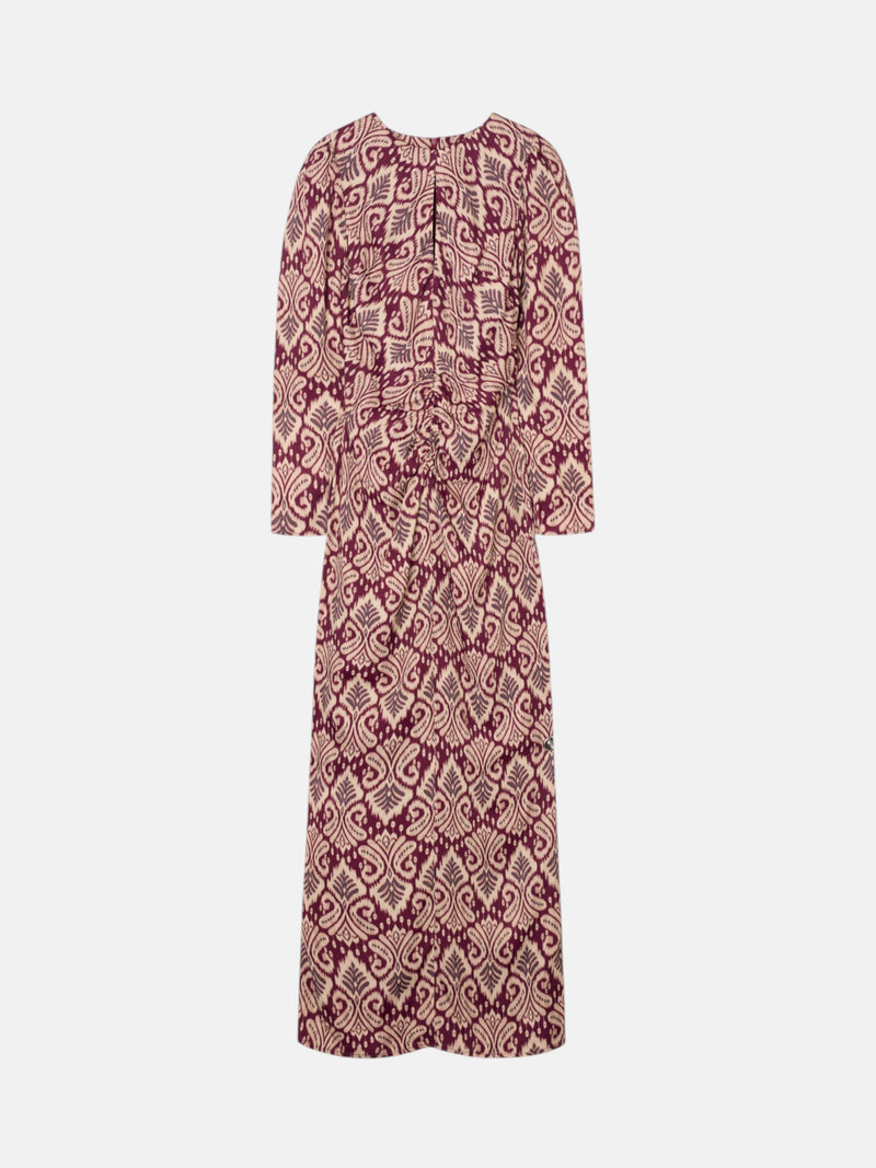 Vestido comprido drapeado estampado ikat grená