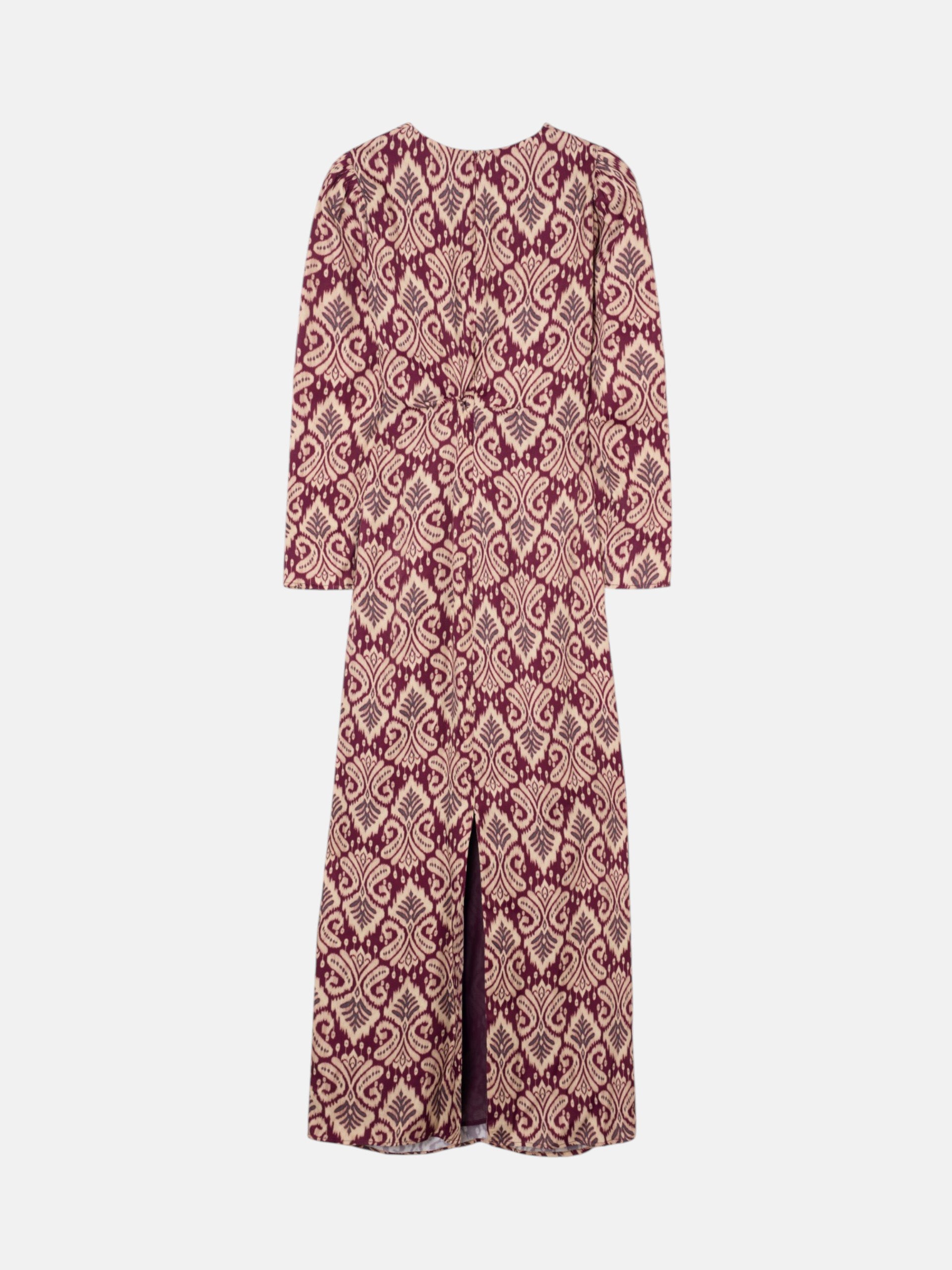 Robe longue drapée imprimé ikat bordeaux