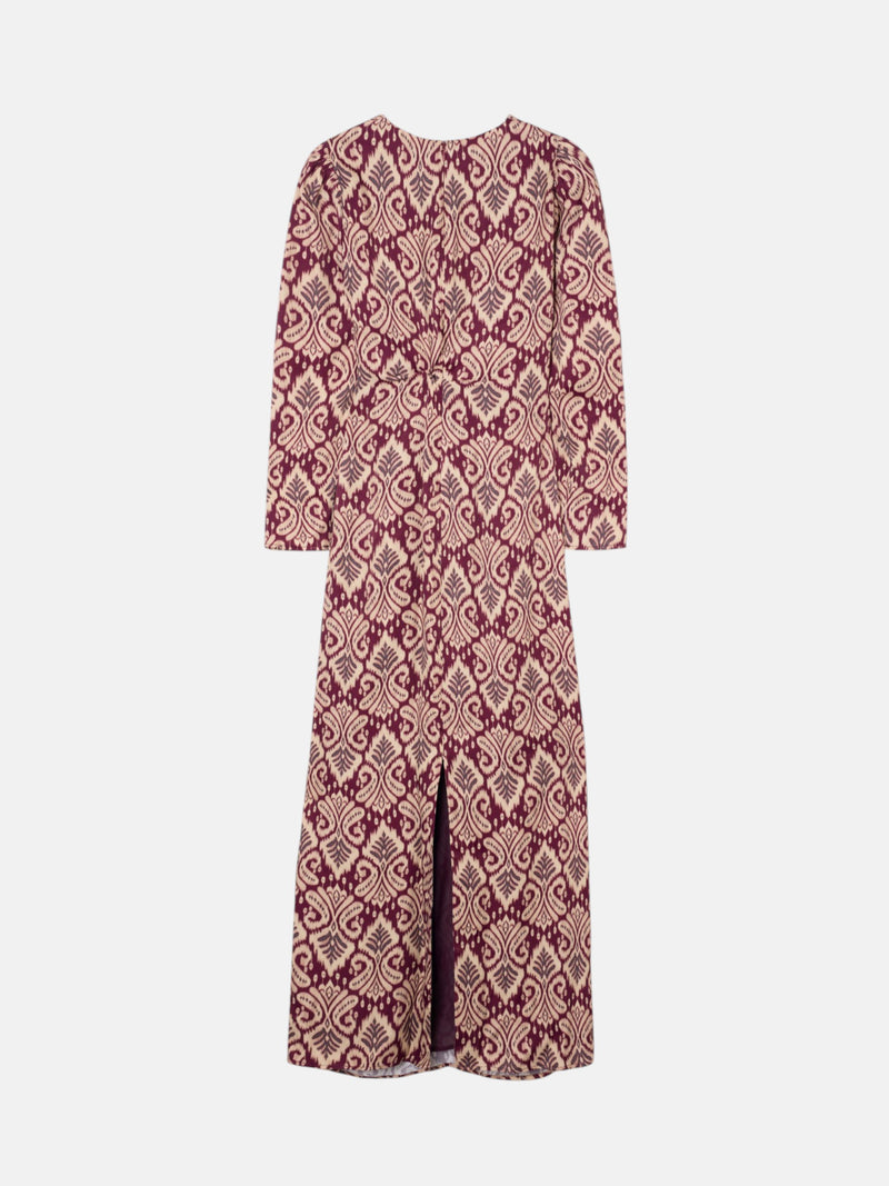 Vestido comprido drapeado estampado ikat grená