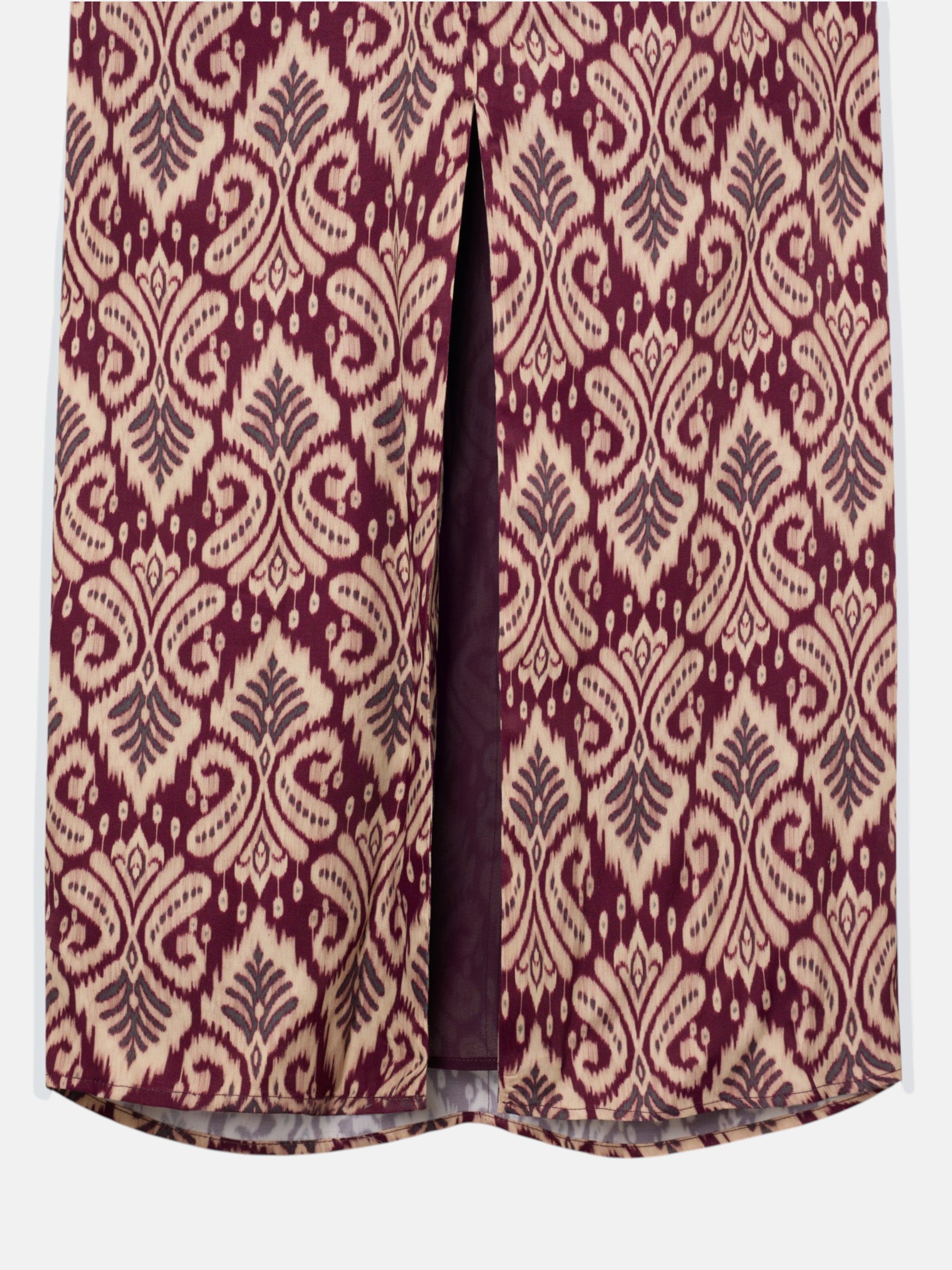 Robe longue drapée imprimé ikat bordeaux
