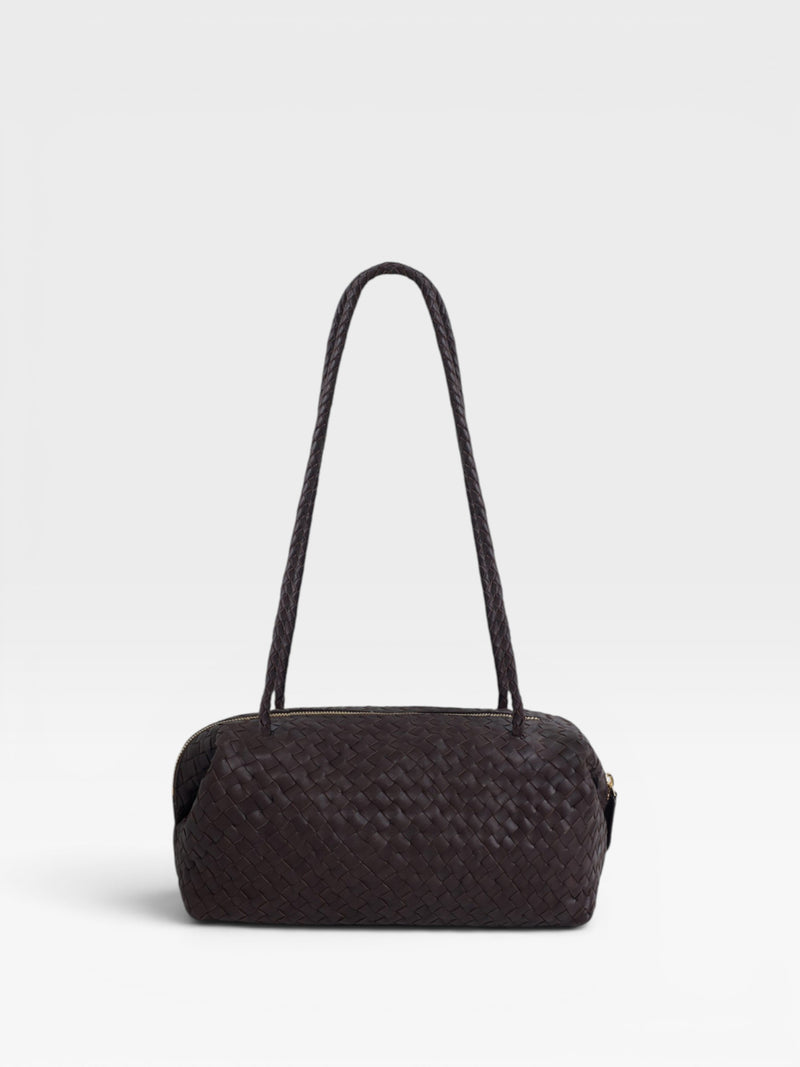 Elongated braided brown leather shoulder bag