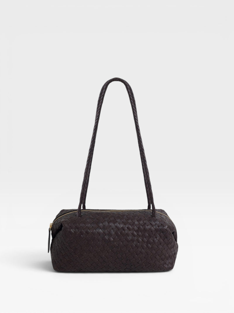 Elongated braided brown leather shoulder bag