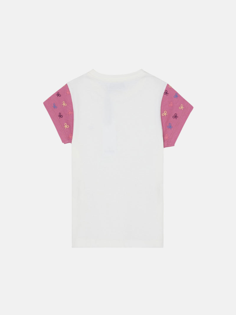 T-shirt fille raquettes manches roses blanc