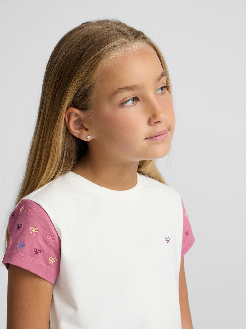 T-shirt fille raquettes manches roses blanc