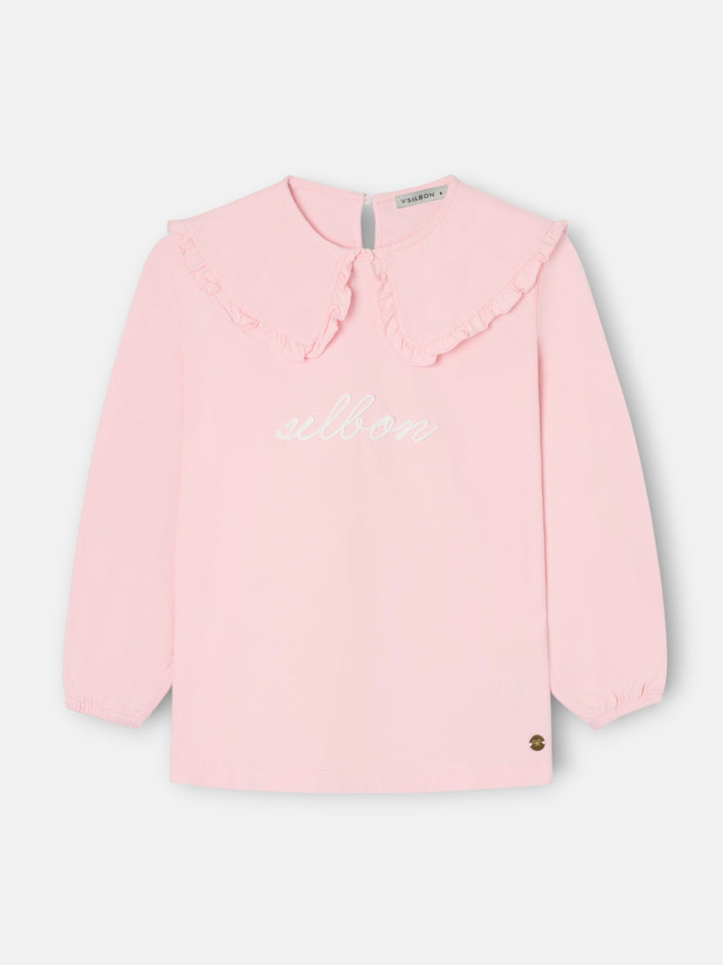 Girl's T-shirt with pink Peter Pan collar