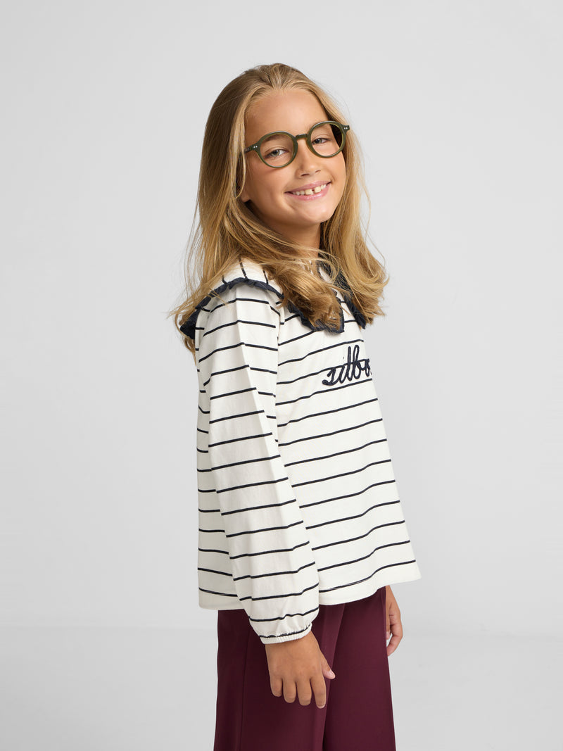 Girl's t-shirt with blue and white striped Peter Pan collar