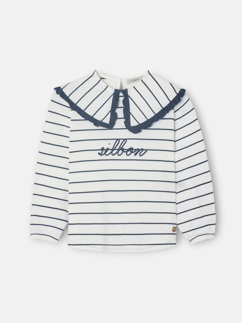 Girl's t-shirt with blue and white striped Peter Pan collar