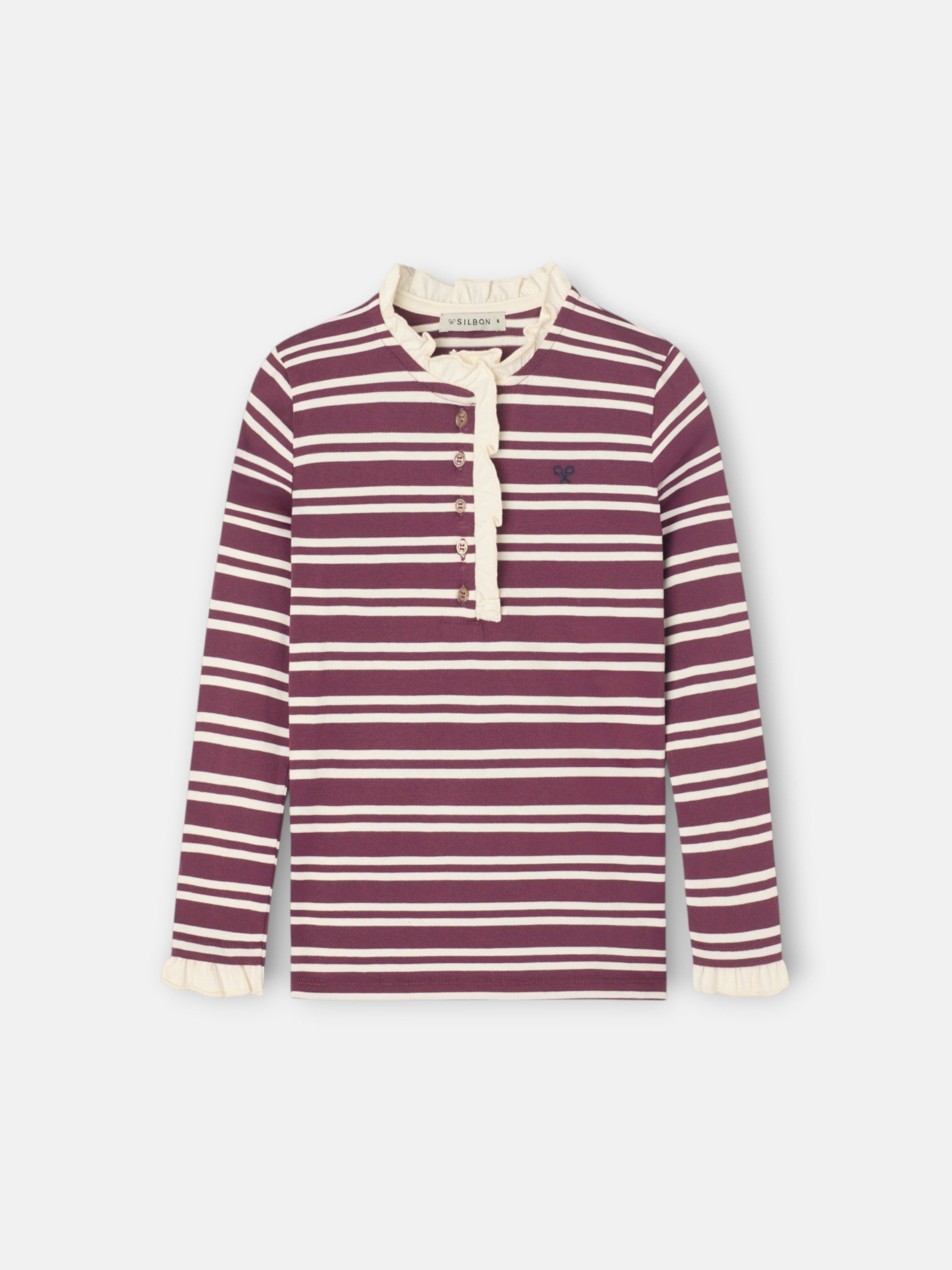 Camiseta girl cuello volante rayas granate y crudo