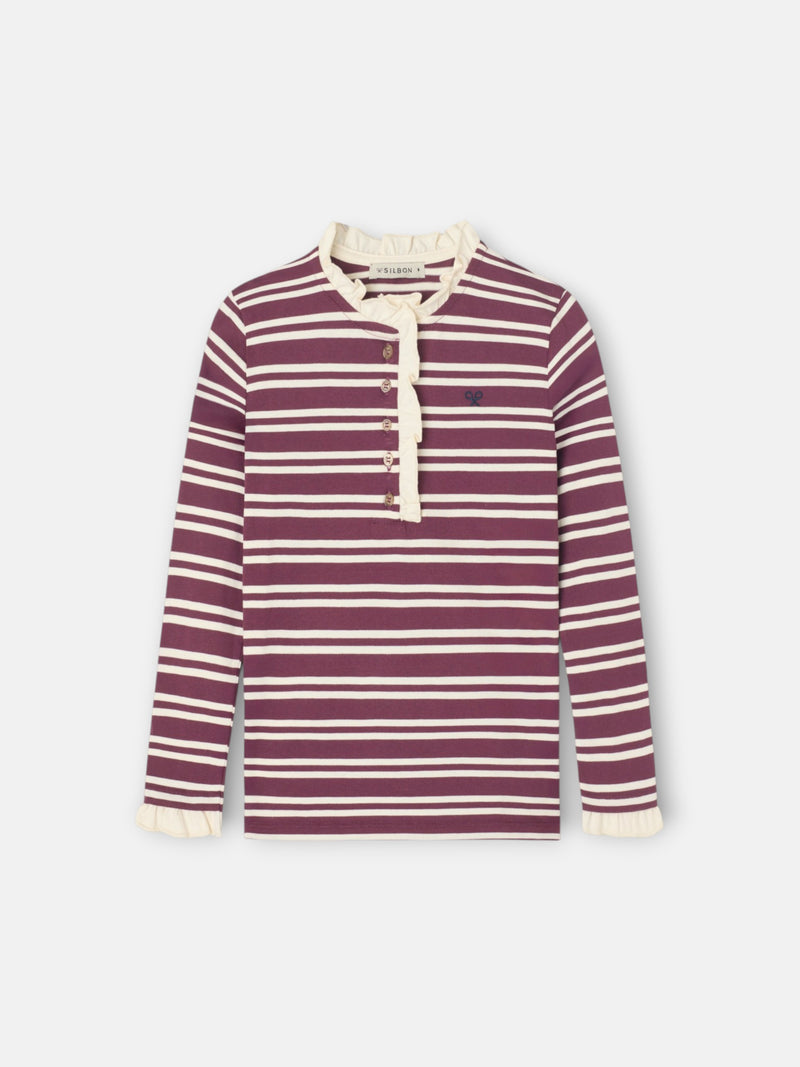 Camiseta girl cuello volante rayas granate y crudo