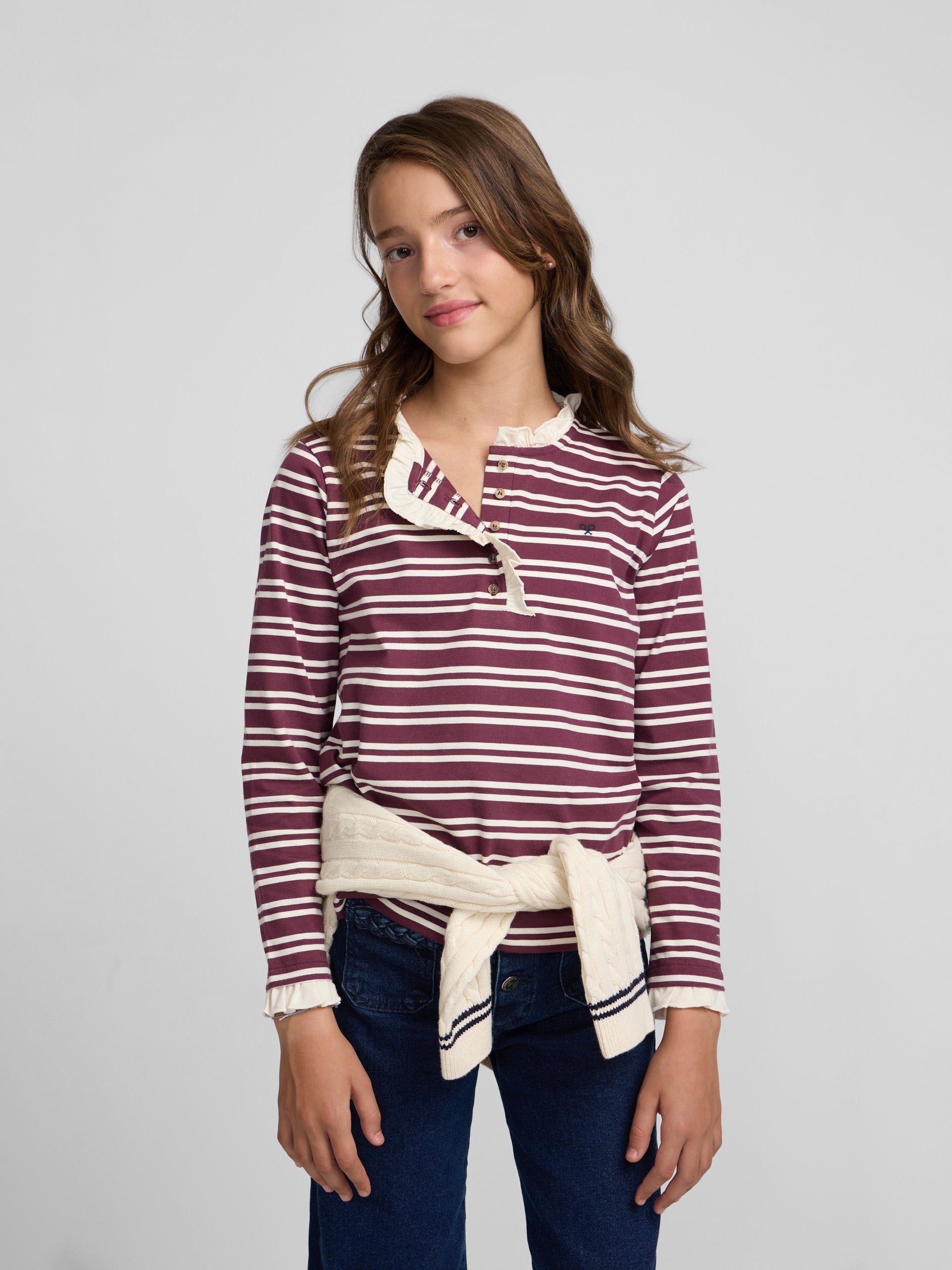 T-shirt fille col volant rayé bordeaux et écru