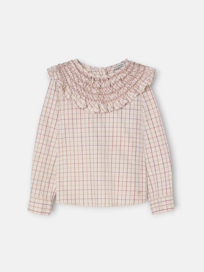 Blusa menina gola folho xadrez bege