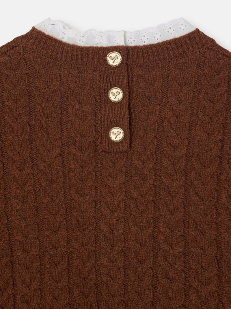 Brown cable knit girl's sweater with ruffled collar