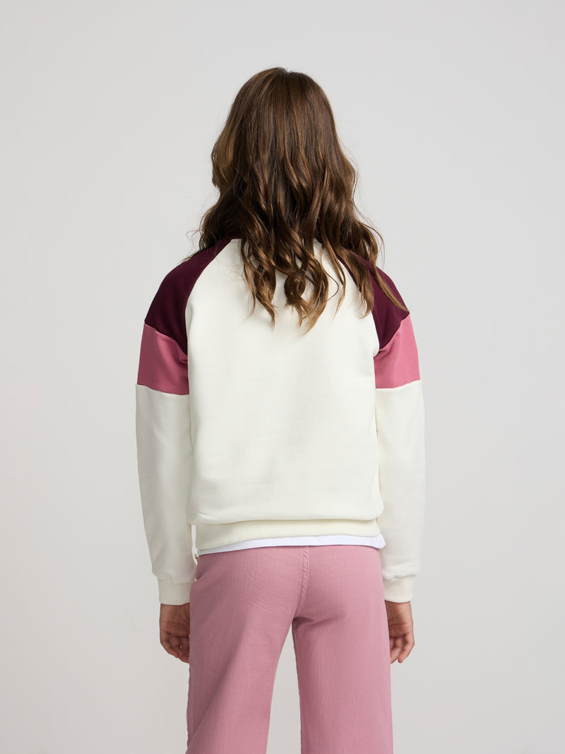 Girl's tricolor high-neck sweatshirt in pink and off-white