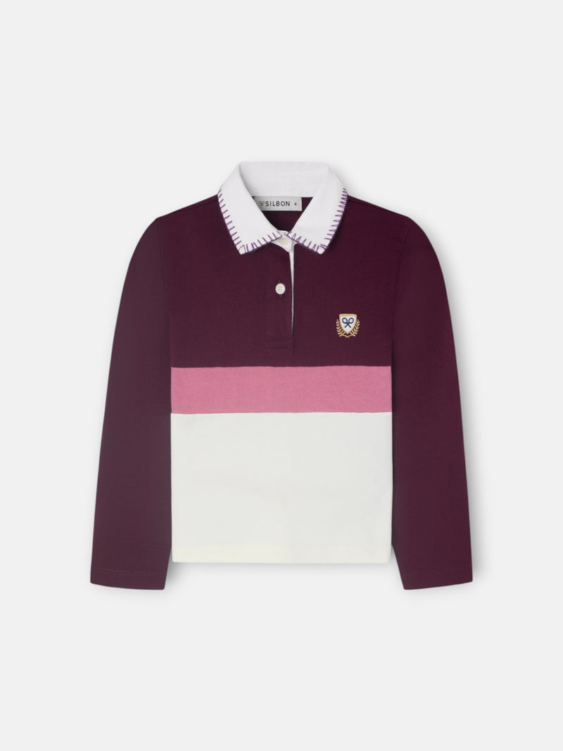 Polo fille à manches longues tricolore rose et écru