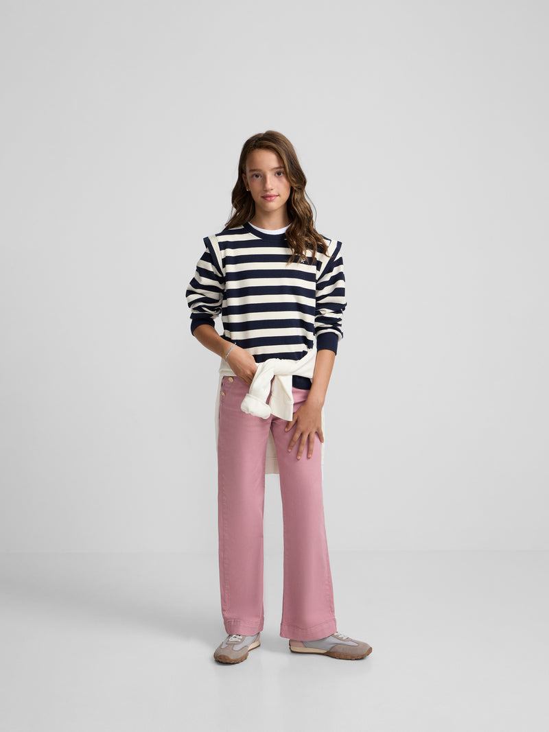Girl's sweatshirt with shoulder pads, navy and ecru stripes