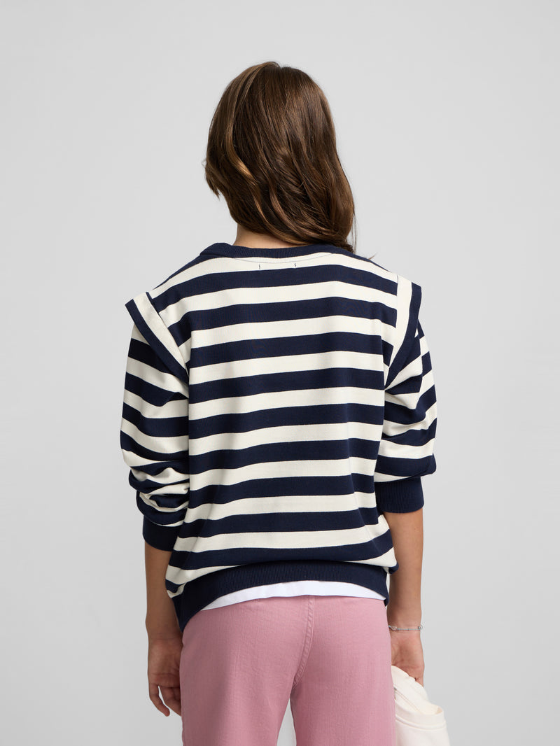 Girl's sweatshirt with shoulder pads, navy and ecru stripes