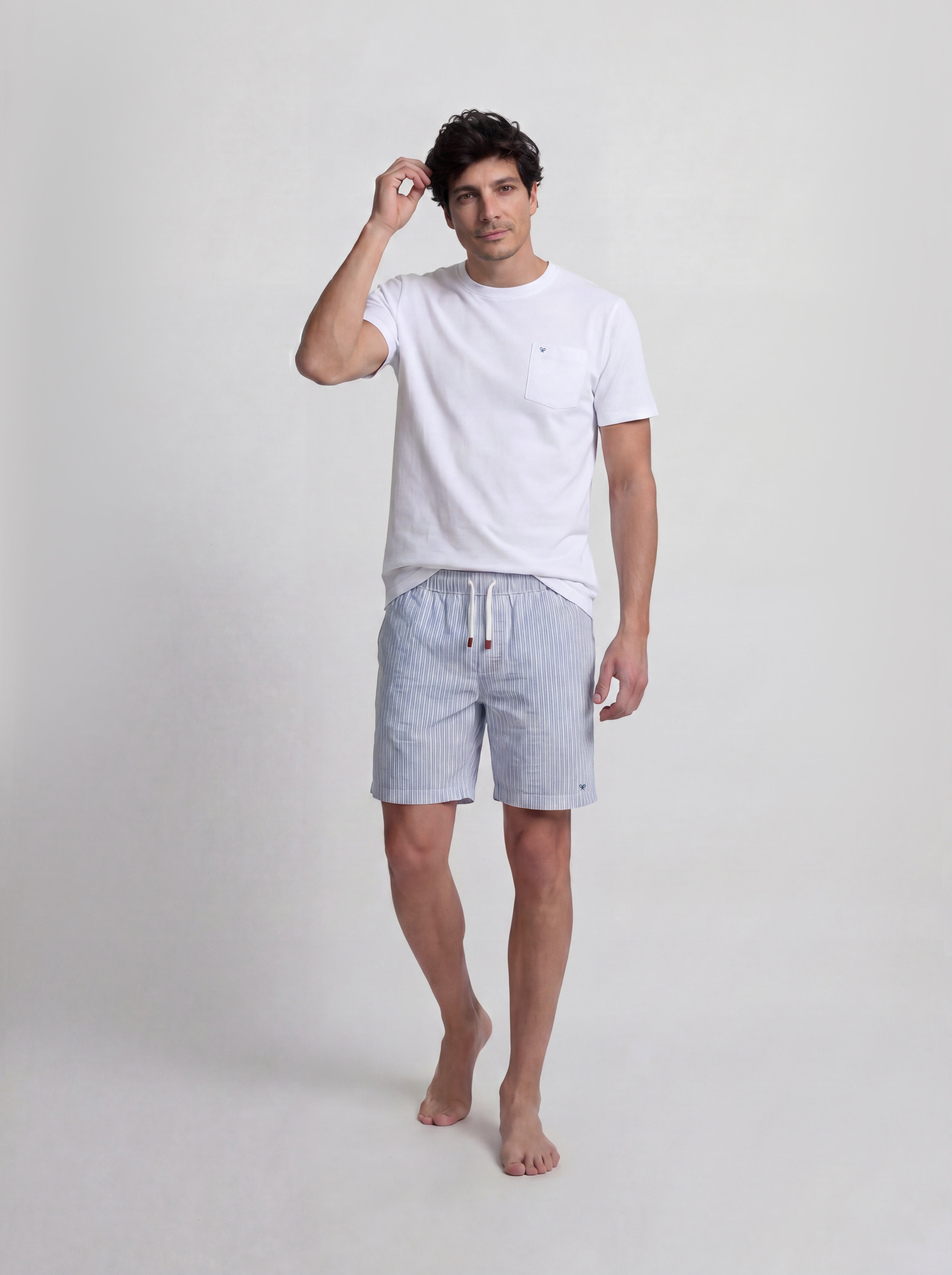 Pijama corto bolsillo rayas azul gris