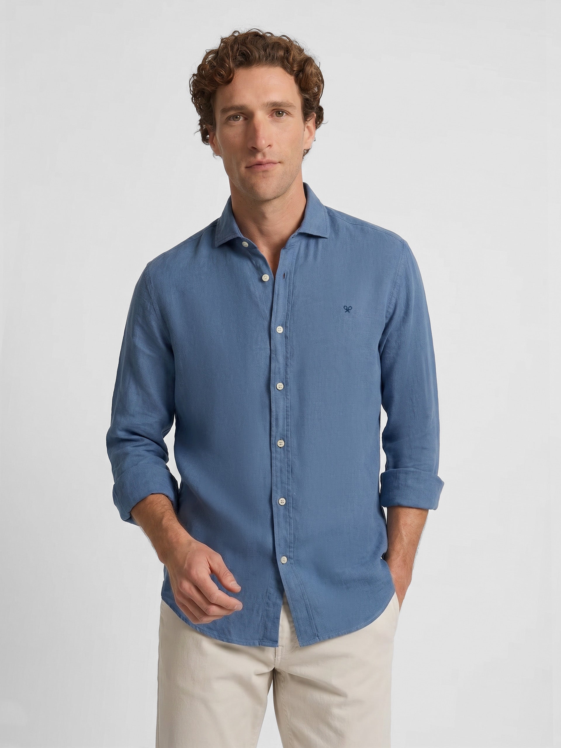 Camisa sport lino azul medio