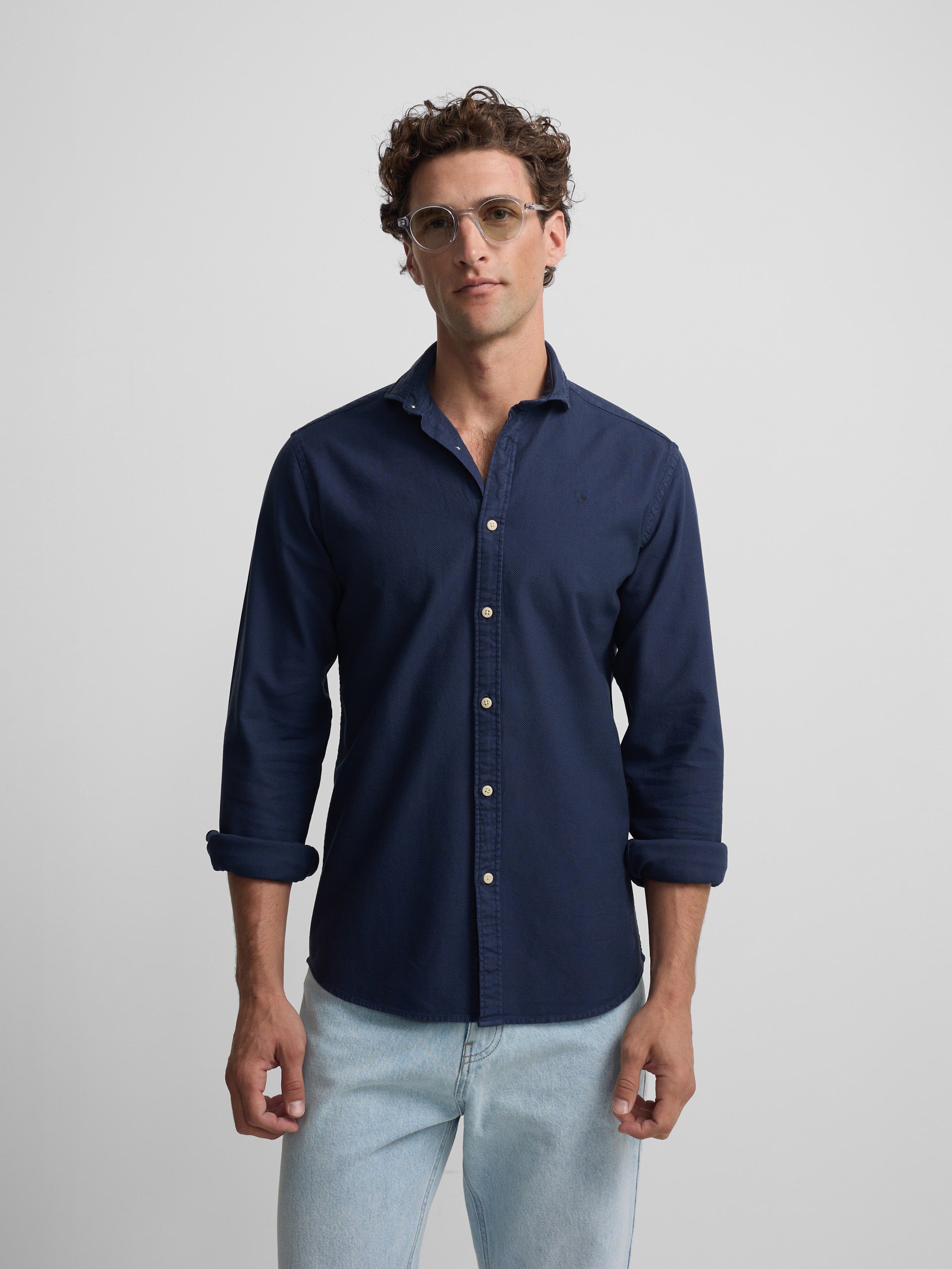 Navy blue structured sport shirt with logo