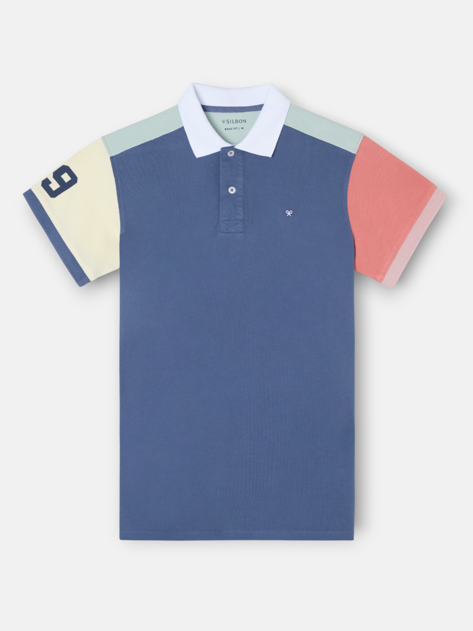 Polo de manga curta com debrum multicolor azul-marinho