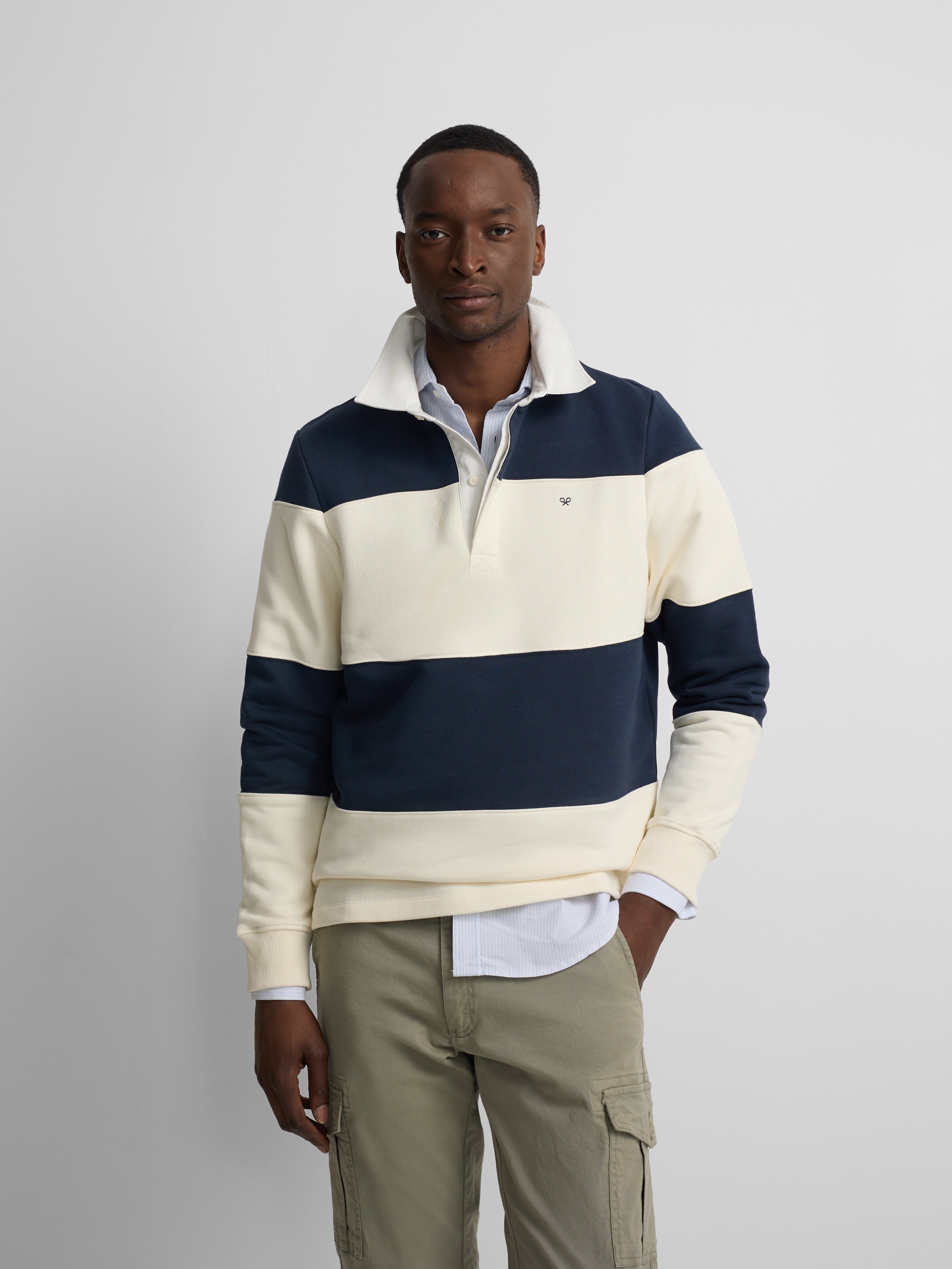 Navy blue wide stripe polo neck sweatshirt