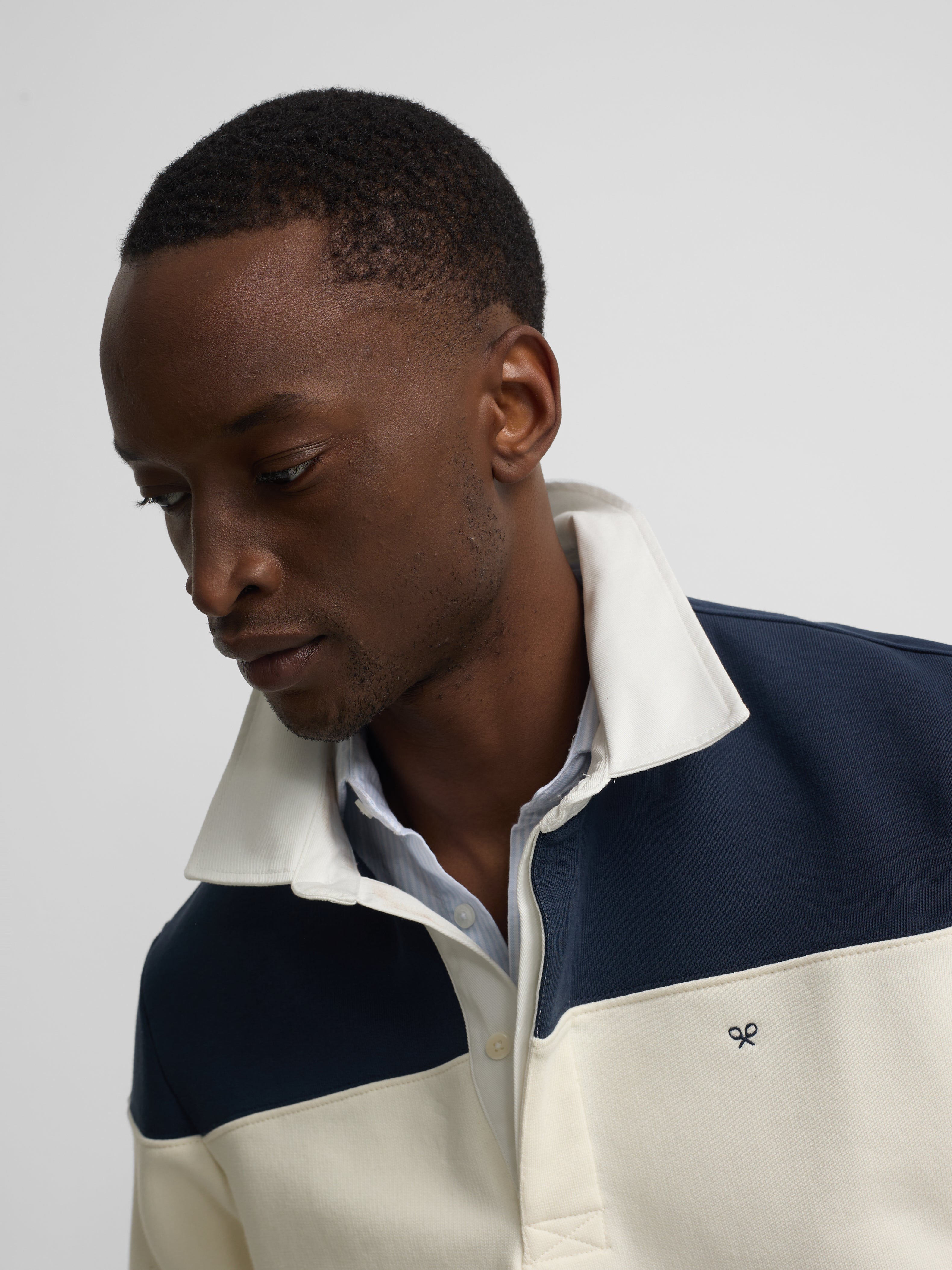 Navy blue wide stripe polo neck sweatshirt