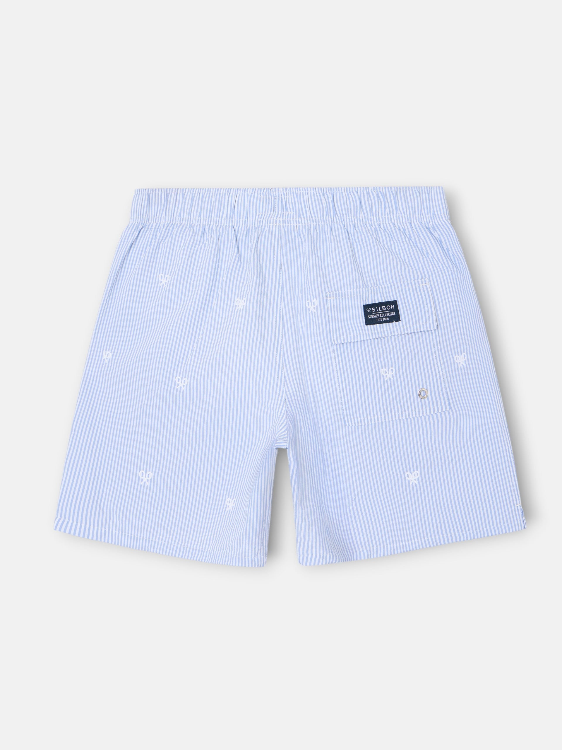 Light blue fine striped swimsuit with logo