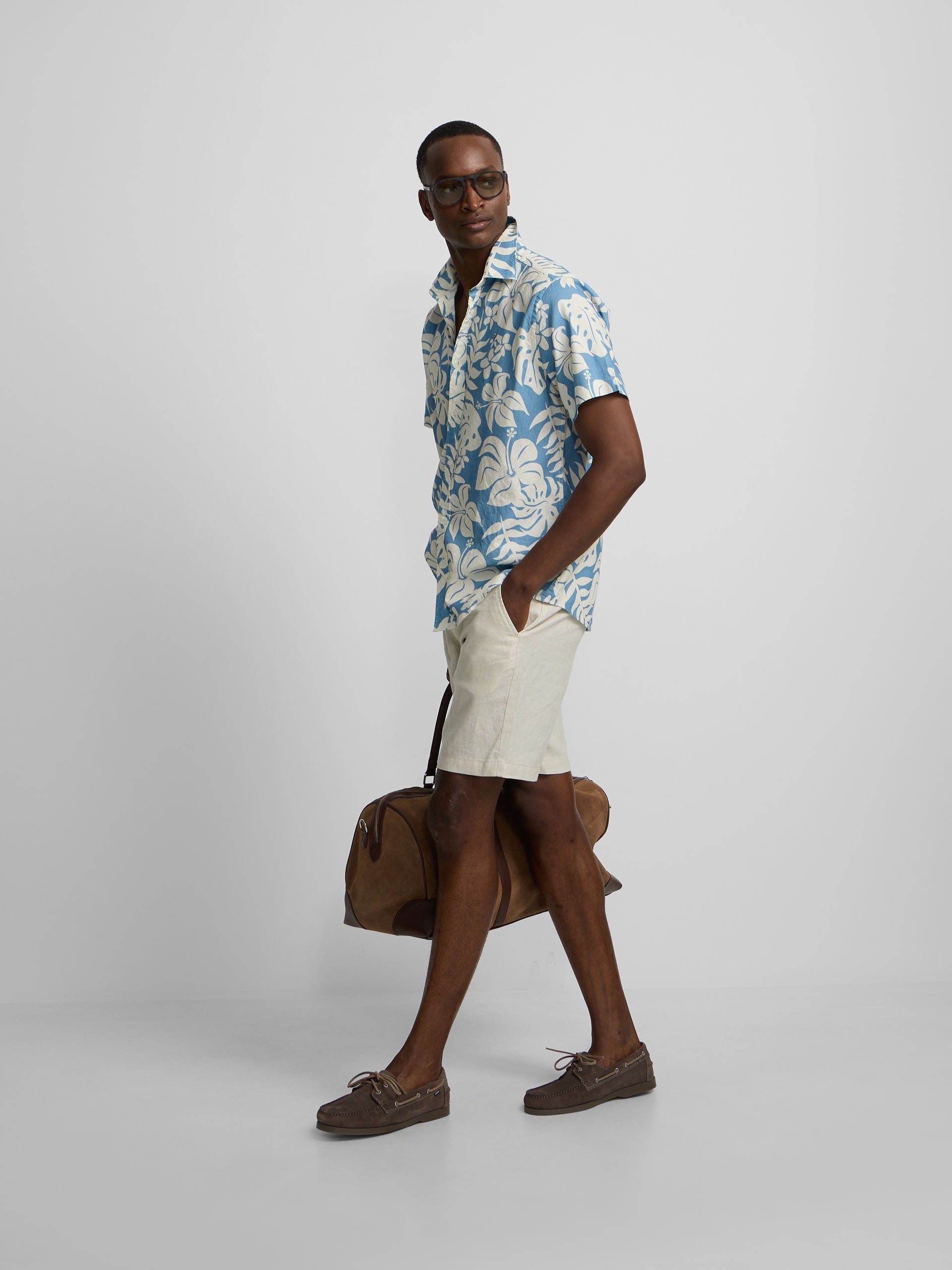 Camisa manga corta lino estampado azul