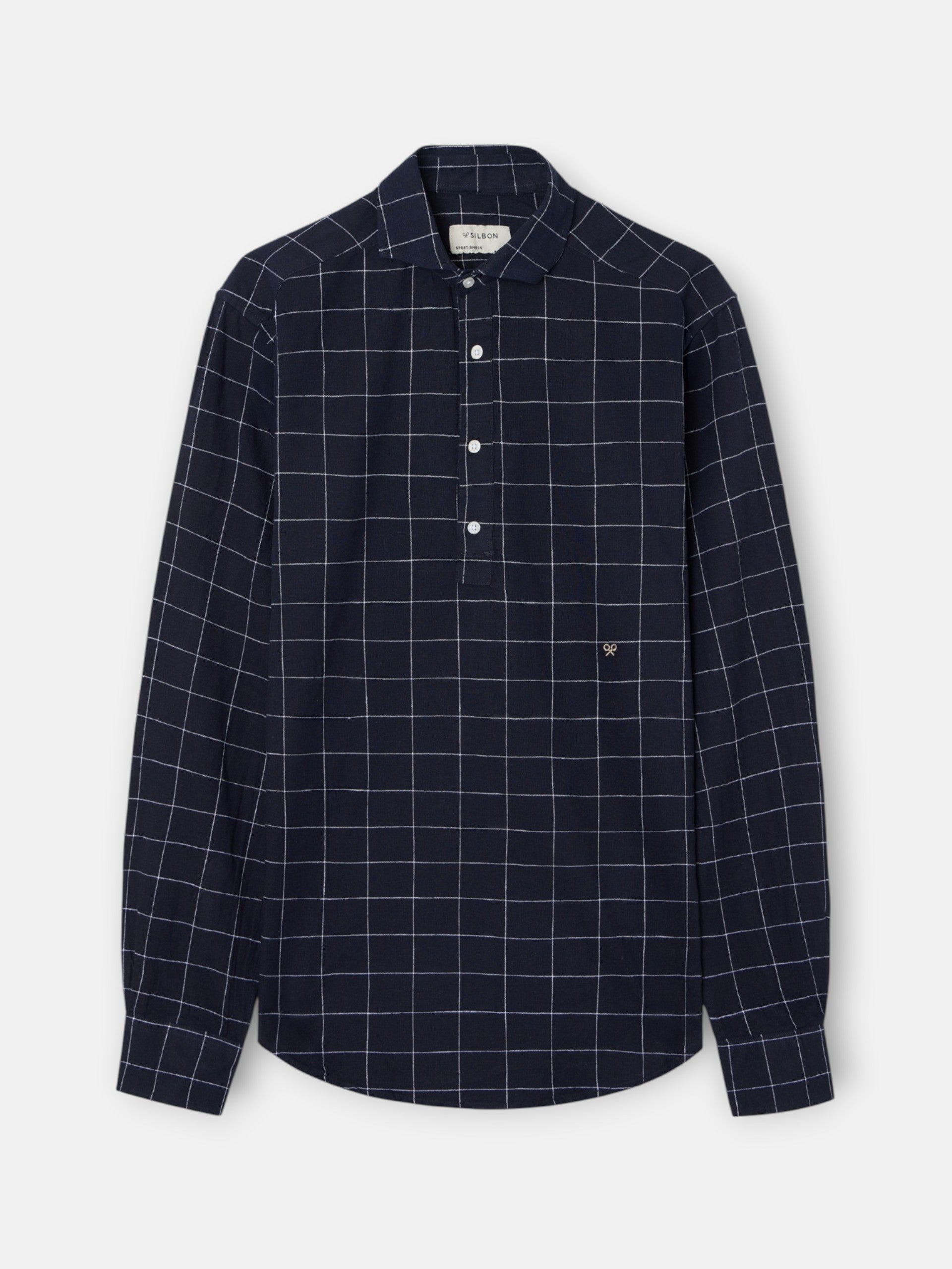 Camisa desportiva de linho aos quadrados azul-marinho