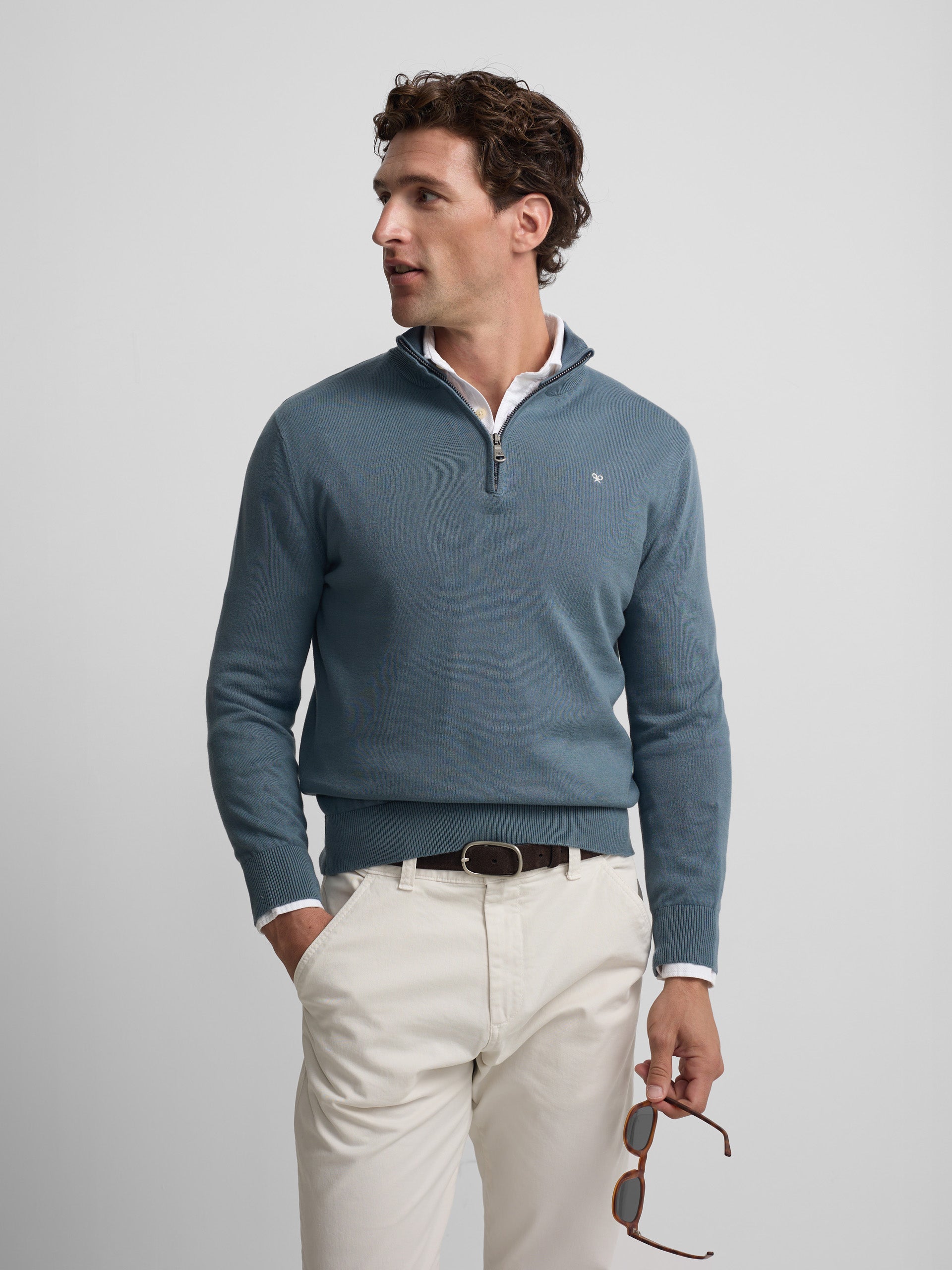 Plain sweater with half zipper in petroleum blue