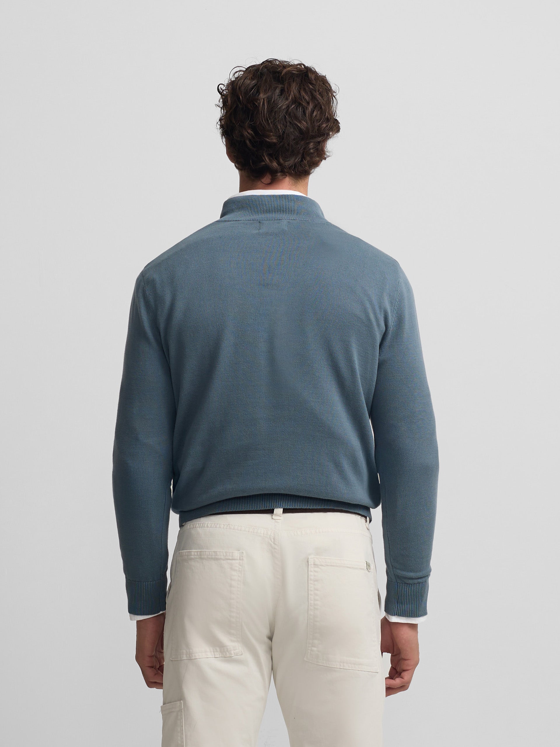 Plain sweater with half zipper in petroleum blue