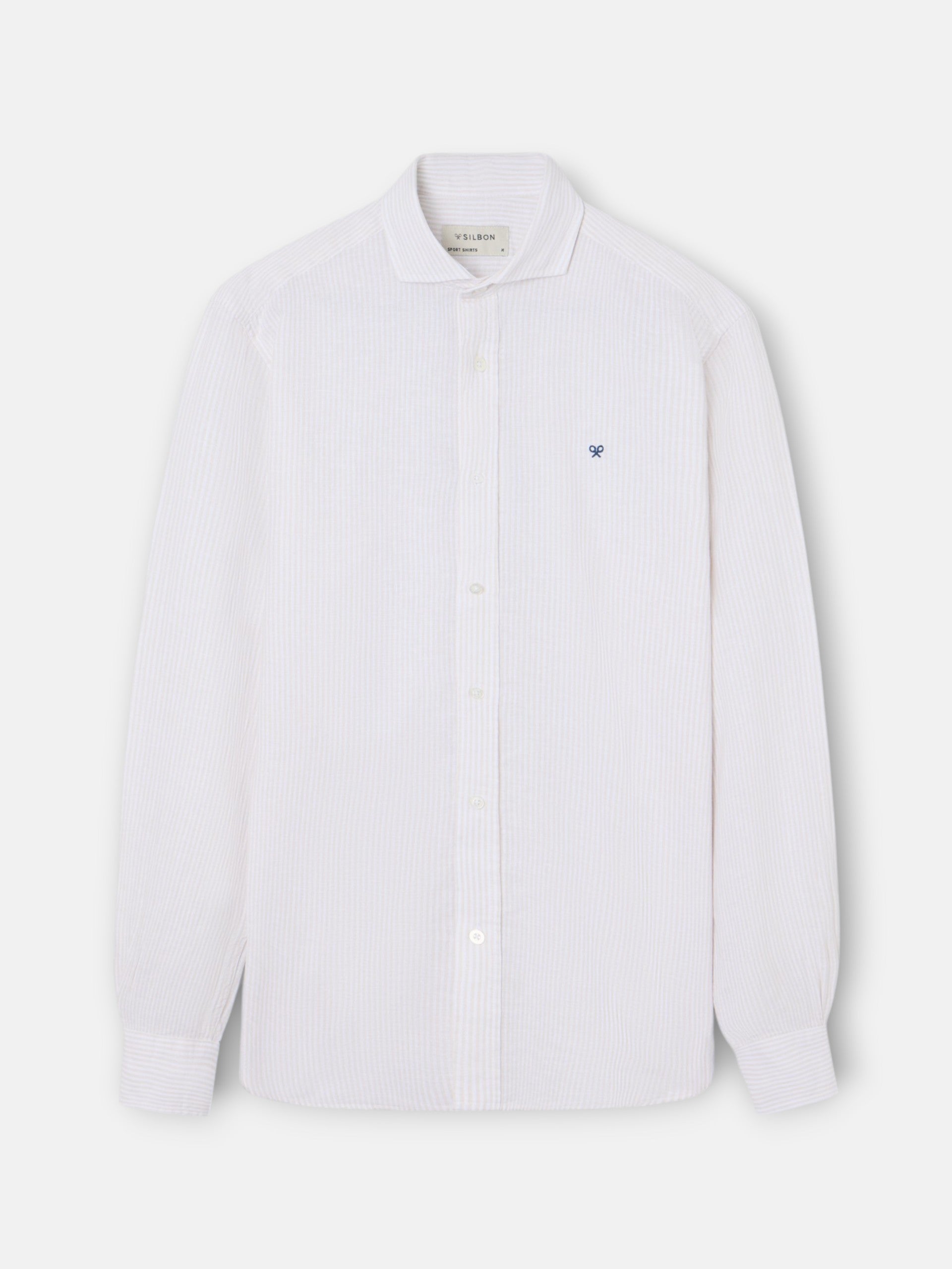 Camisa desportiva de linho às riscas bege
