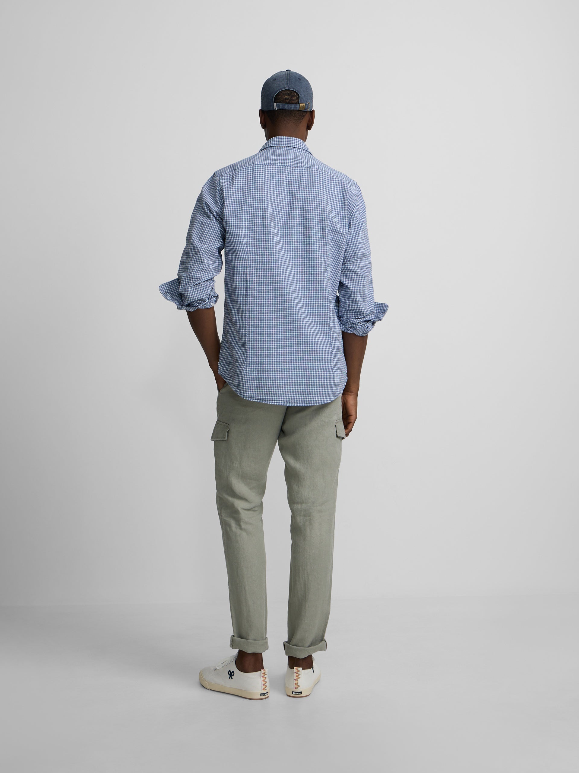 Indigo blue checked linen sport shirt