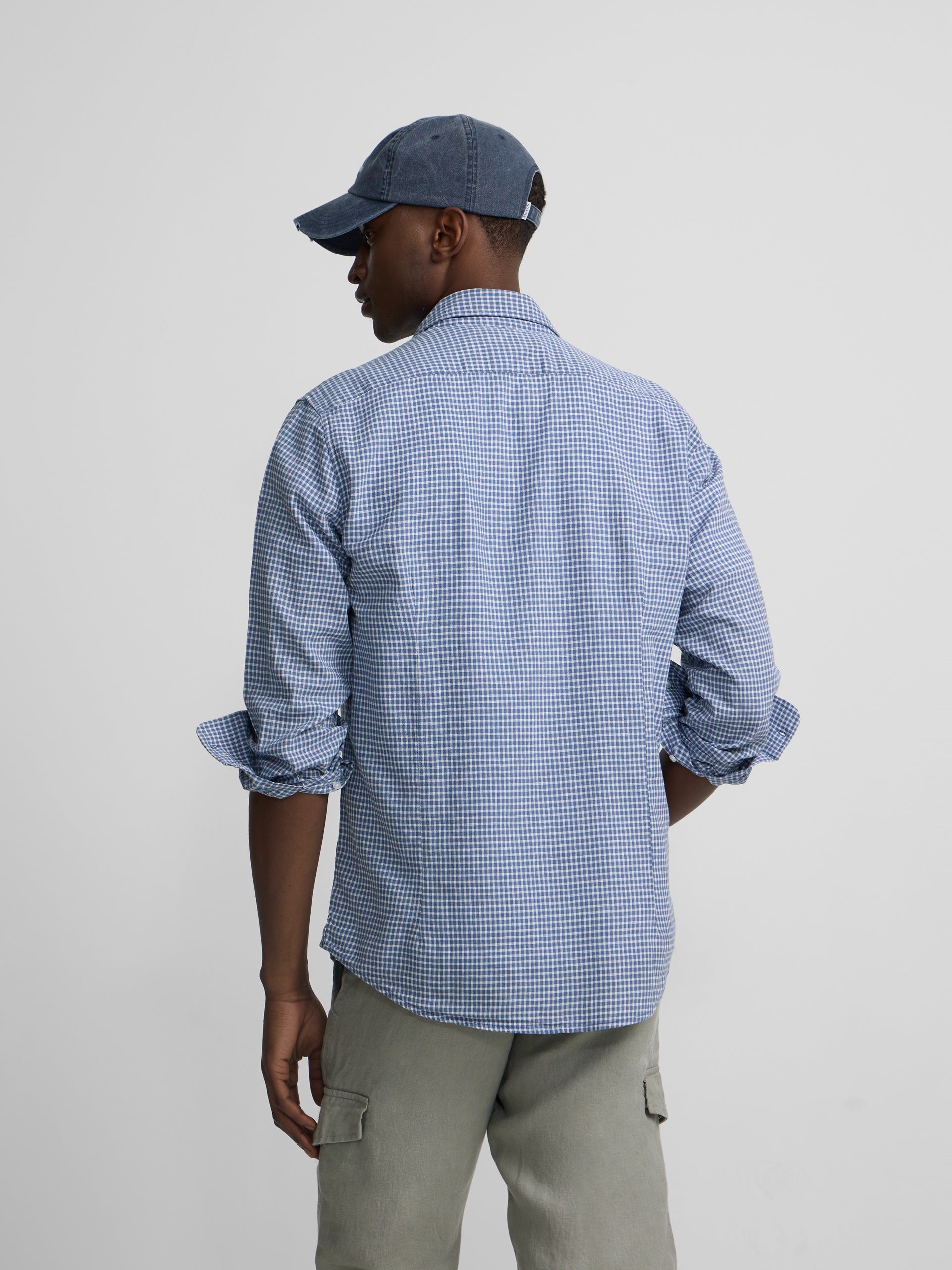 Indigo blue checked linen sport shirt