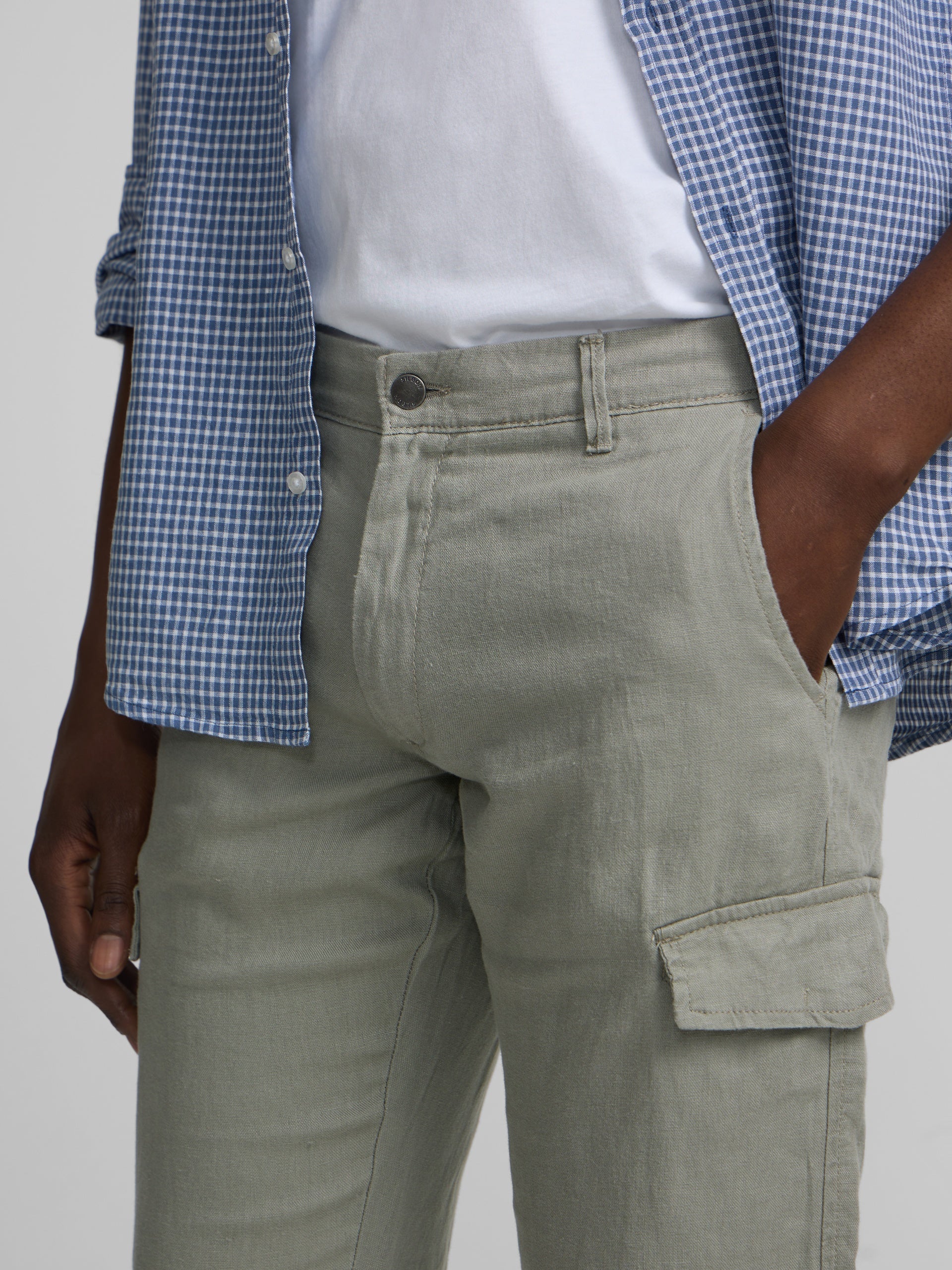 Indigo blue checked linen sport shirt